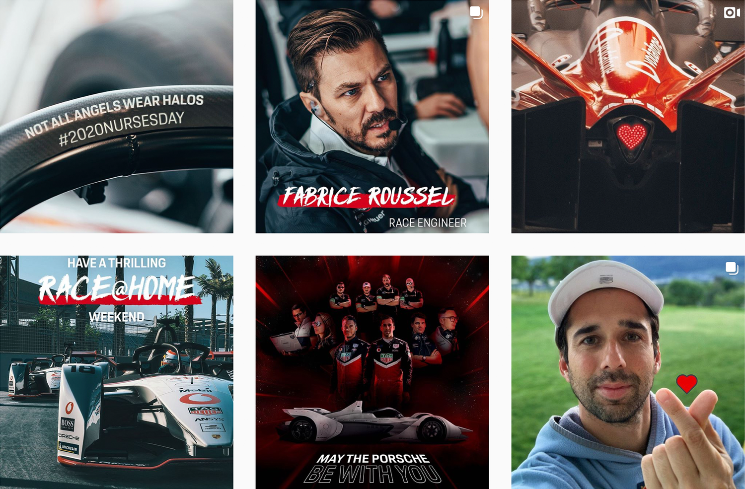 Grid of TAG Heuer Porsche Instagram posts featuring the drivers and Race at Home