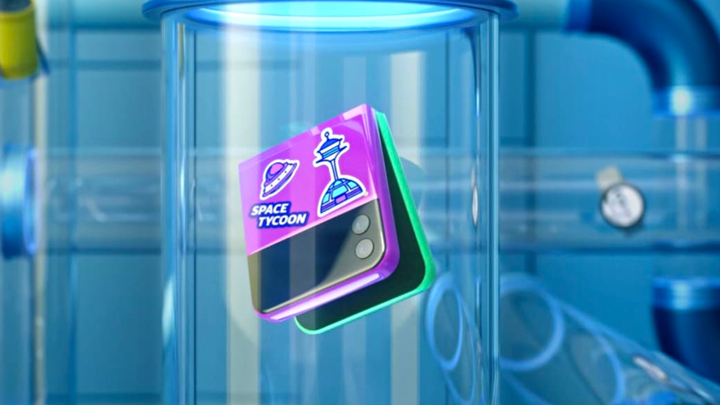 A Galaxy Z Flip in the Space Tycoon production tube
