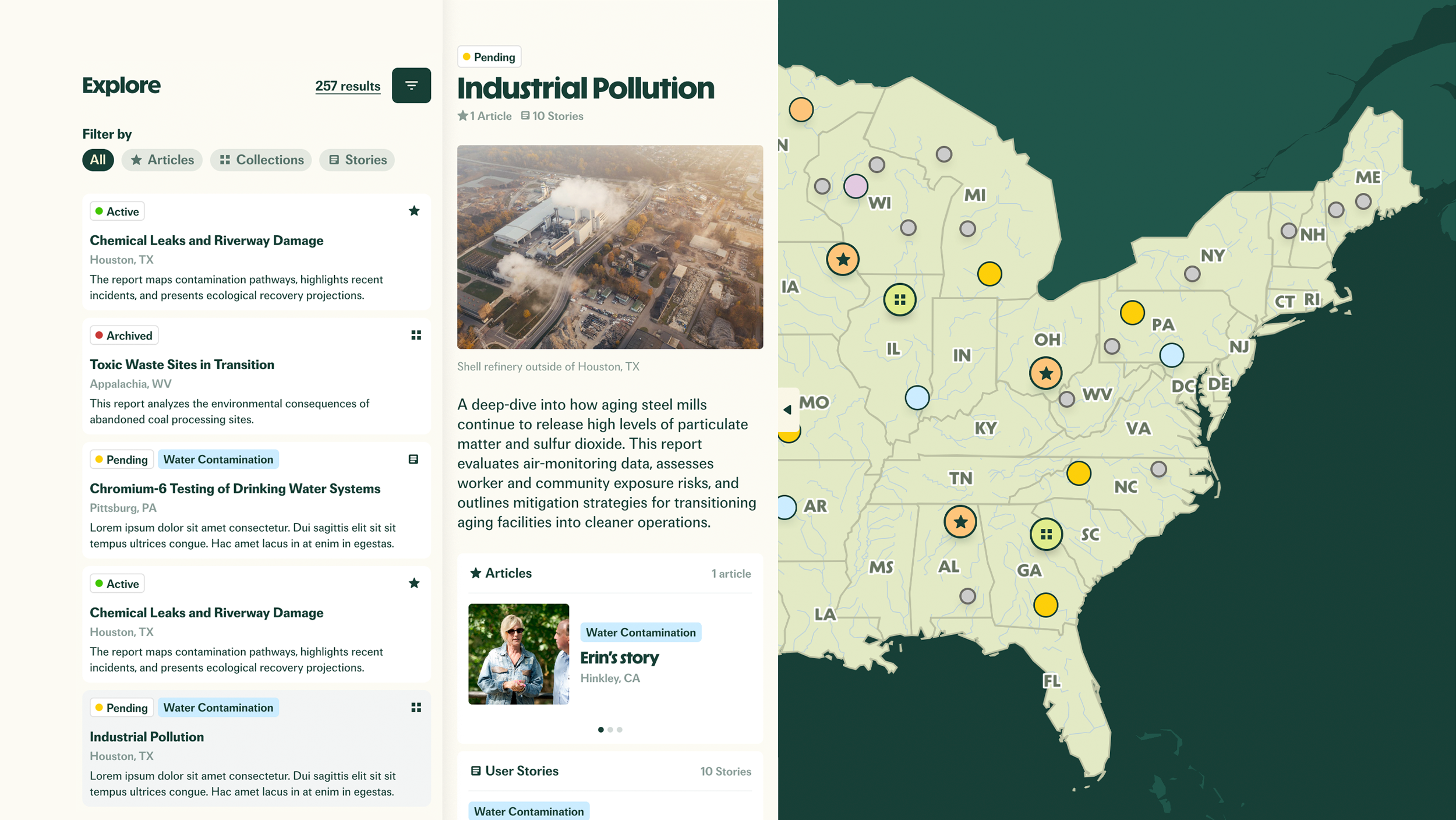 Erin's map with the reports drawer open