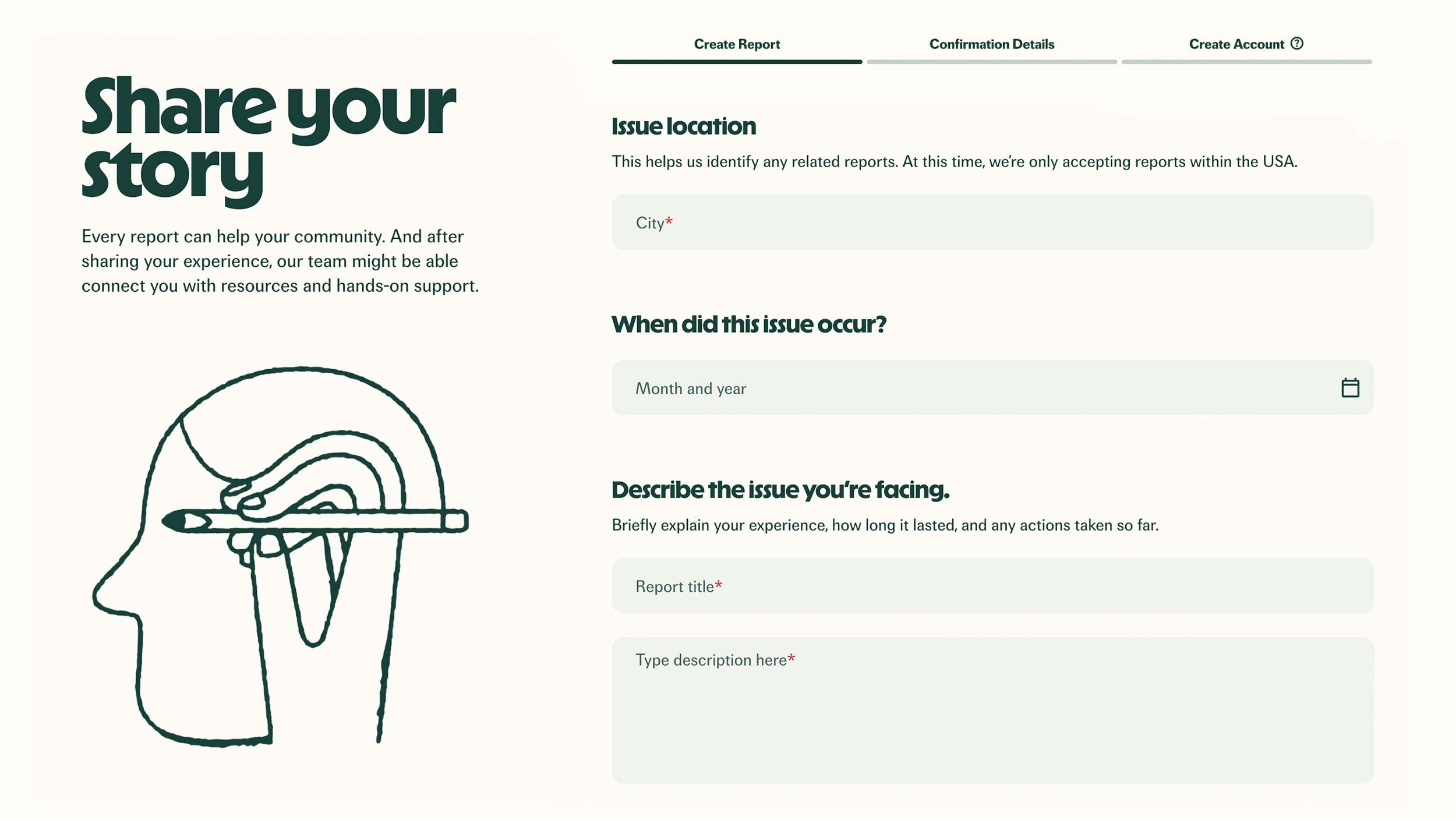 The Share your story reporting form on the Erin site