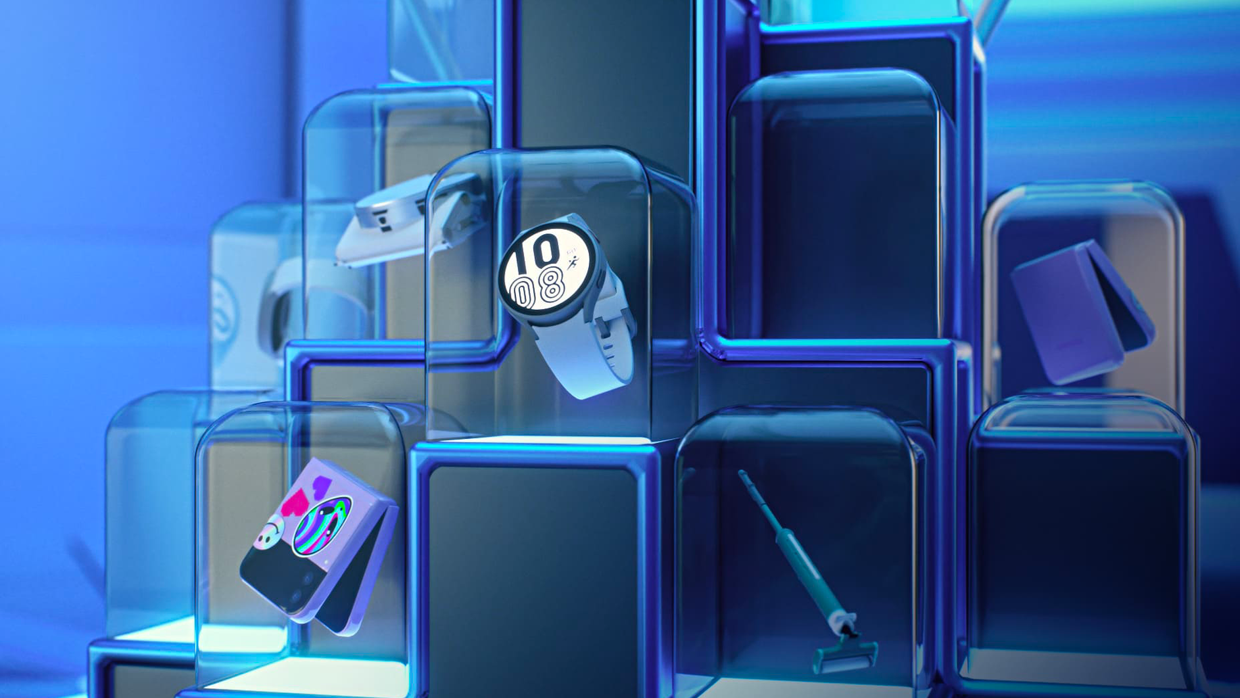 Samsung devices displayed in glass cases in the Space Tycoon lab