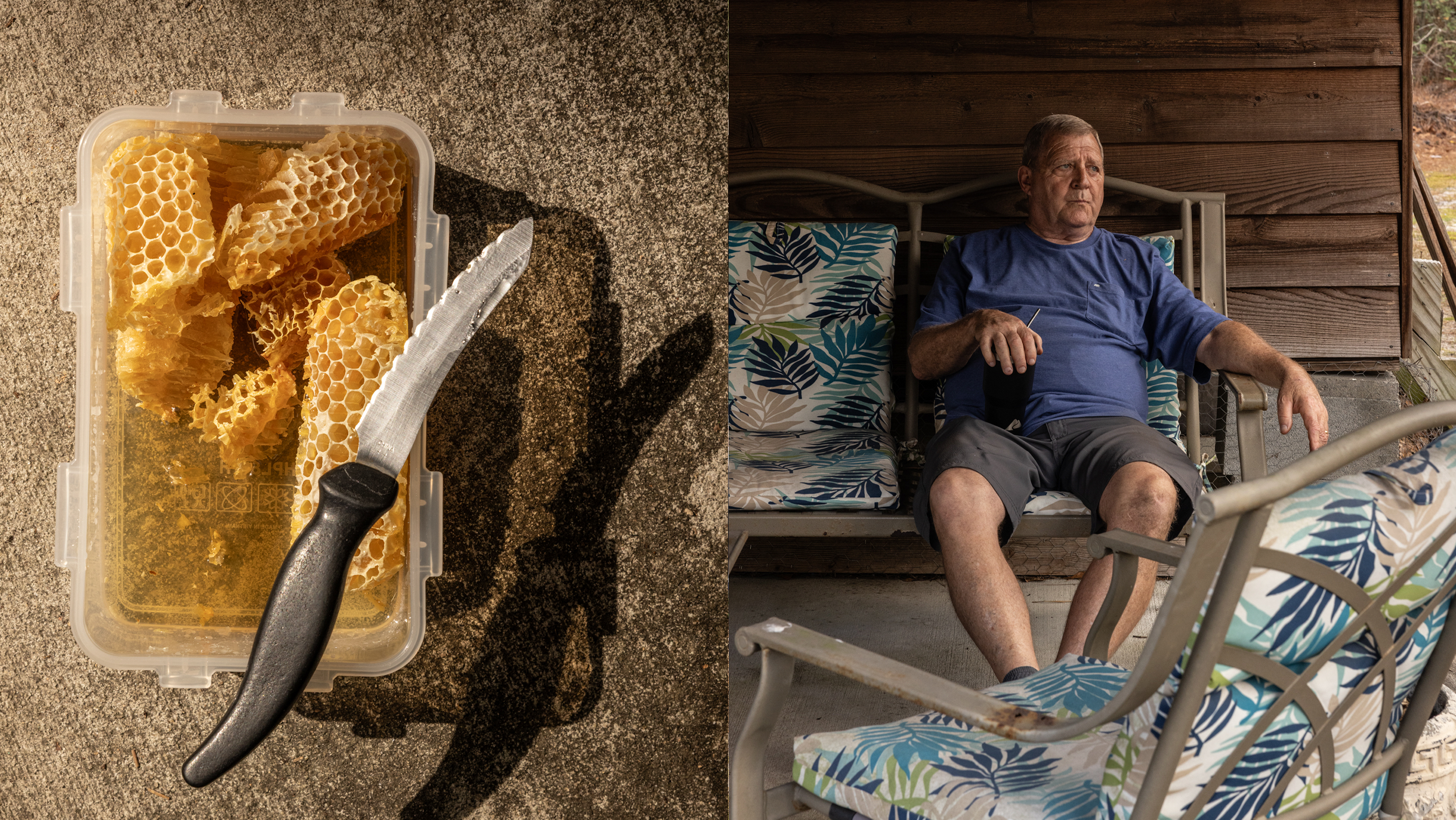 A tub of honeycomb with a knife, next to a man resting on his porch