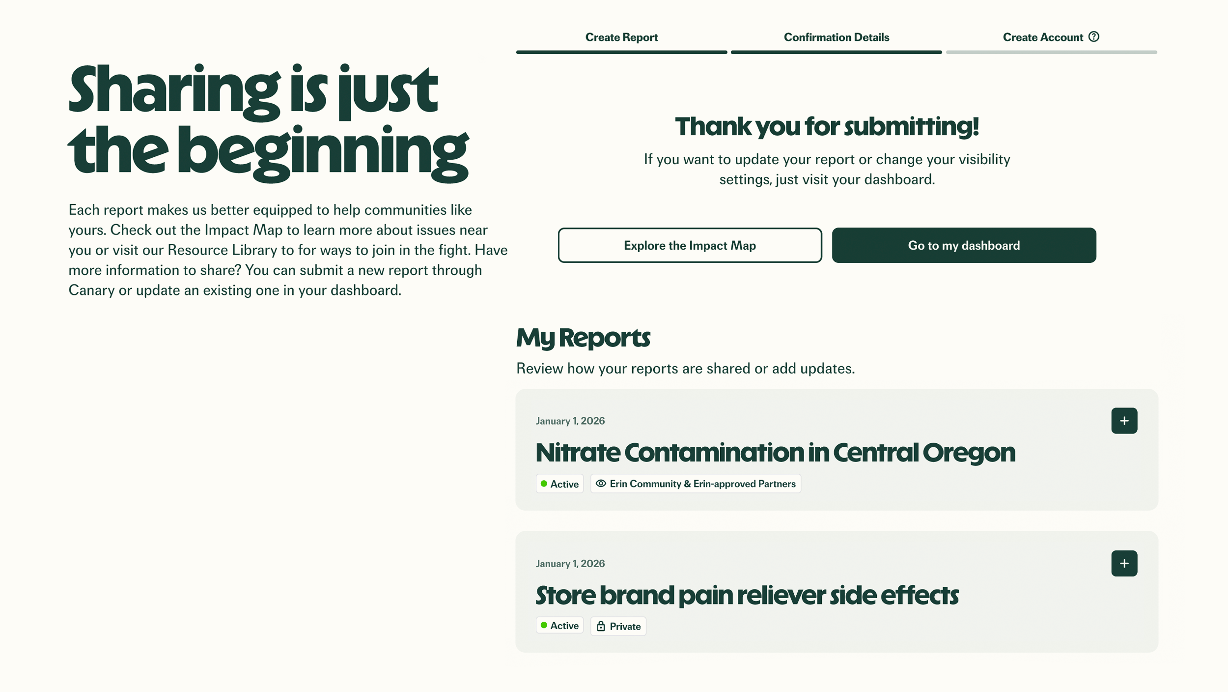 Erin confirmation screen after a report is submitted: Sharing is just the beginning