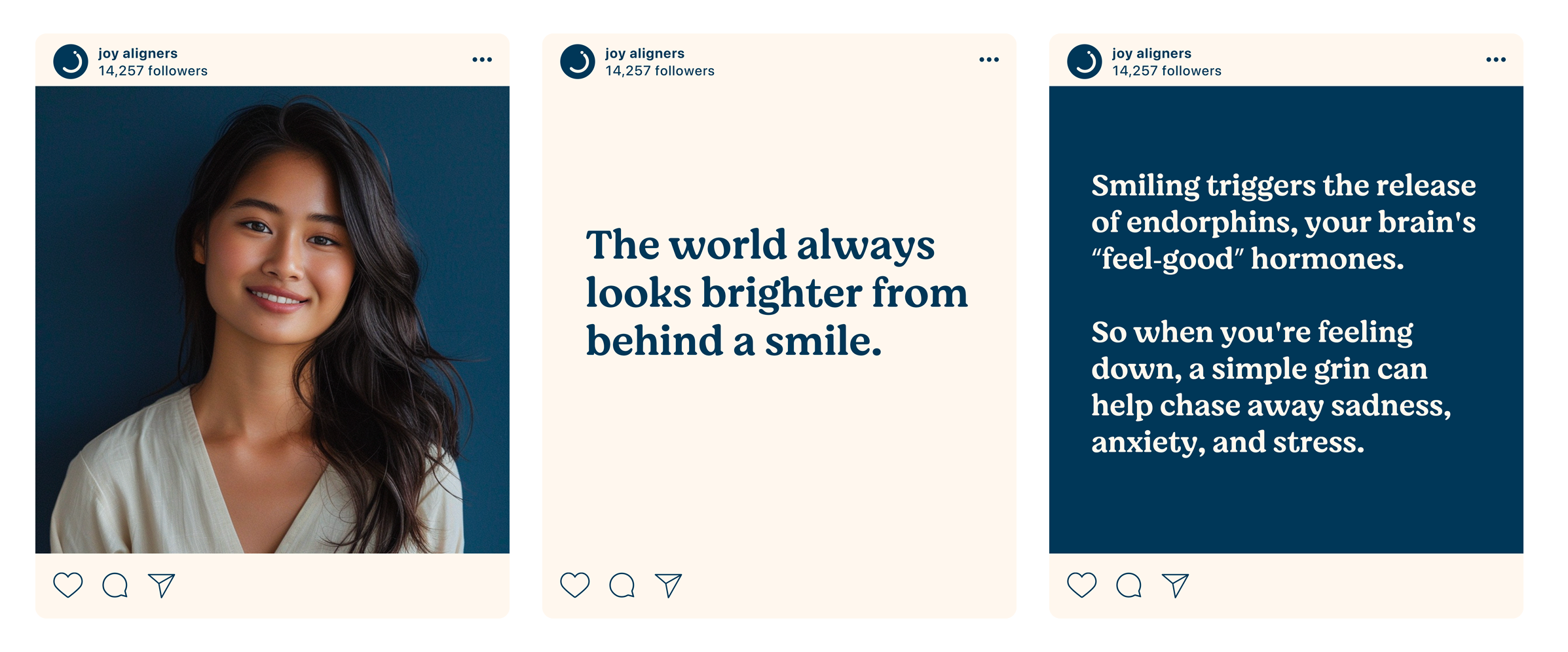 Three Joy social posts, including The world always looks brighter from behind a smile