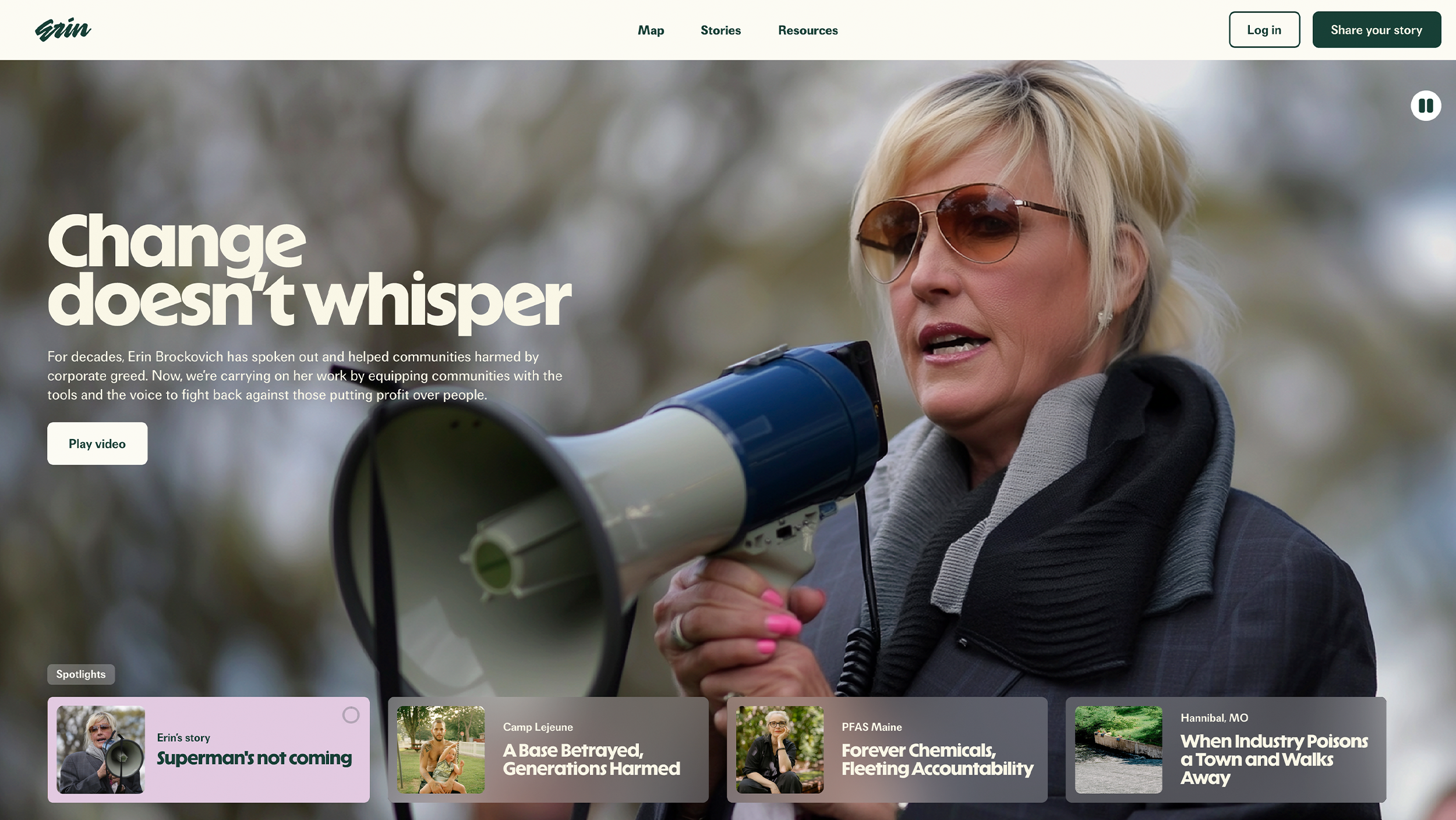 Erin homepage: Erin Brockovich with a megaphone under the headline Change doesn't whisper