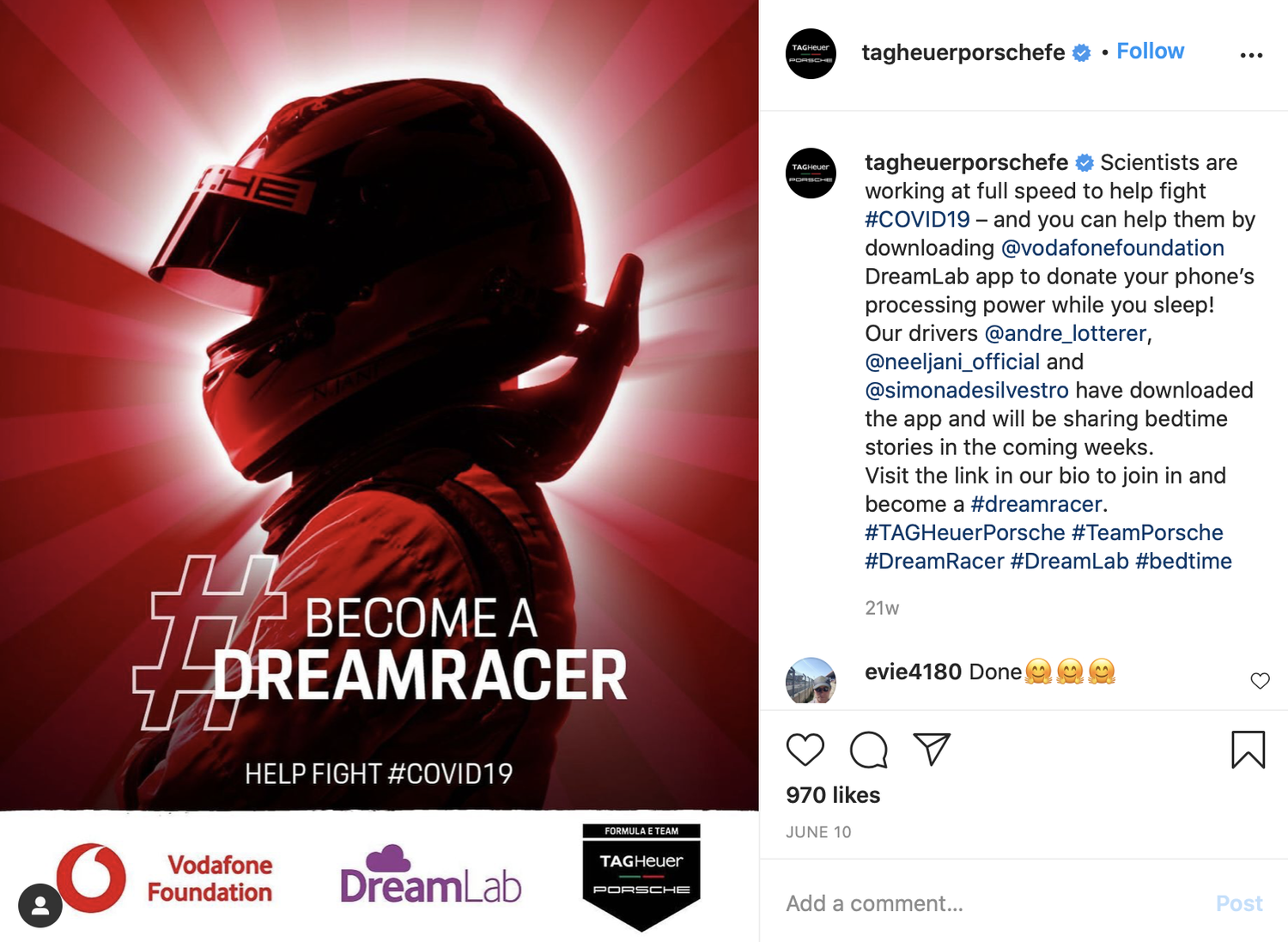 TAG Heuer Porsche Instagram post: Become a Dreamracer, helping fight COVID-19