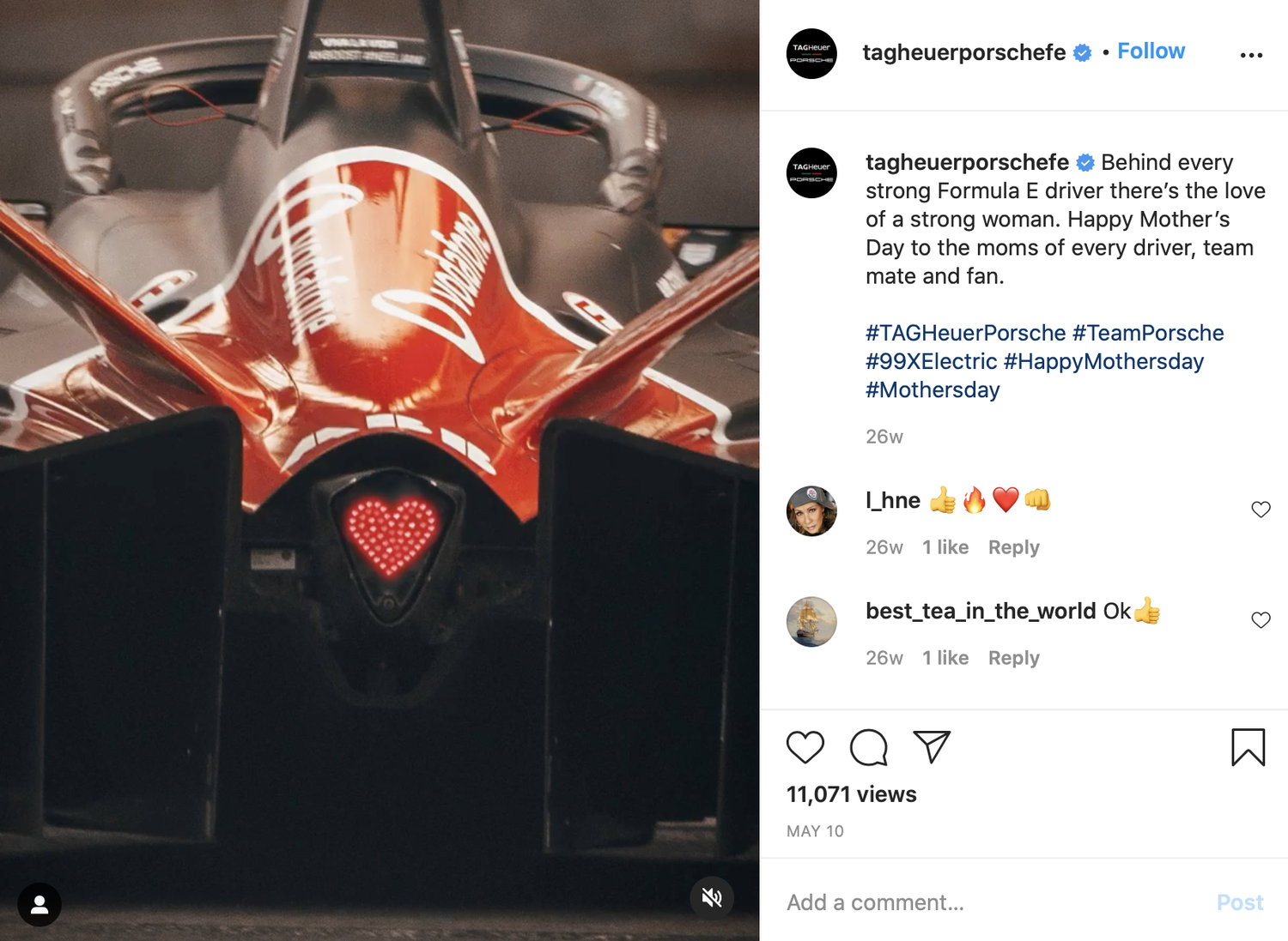 TAG Heuer Porsche Instagram post: the Formula E car's cockpit with a heart for Mother's Day