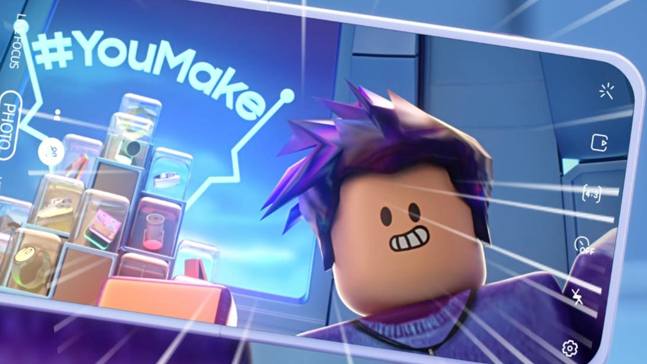 A Roblox character on the #YouMake stage