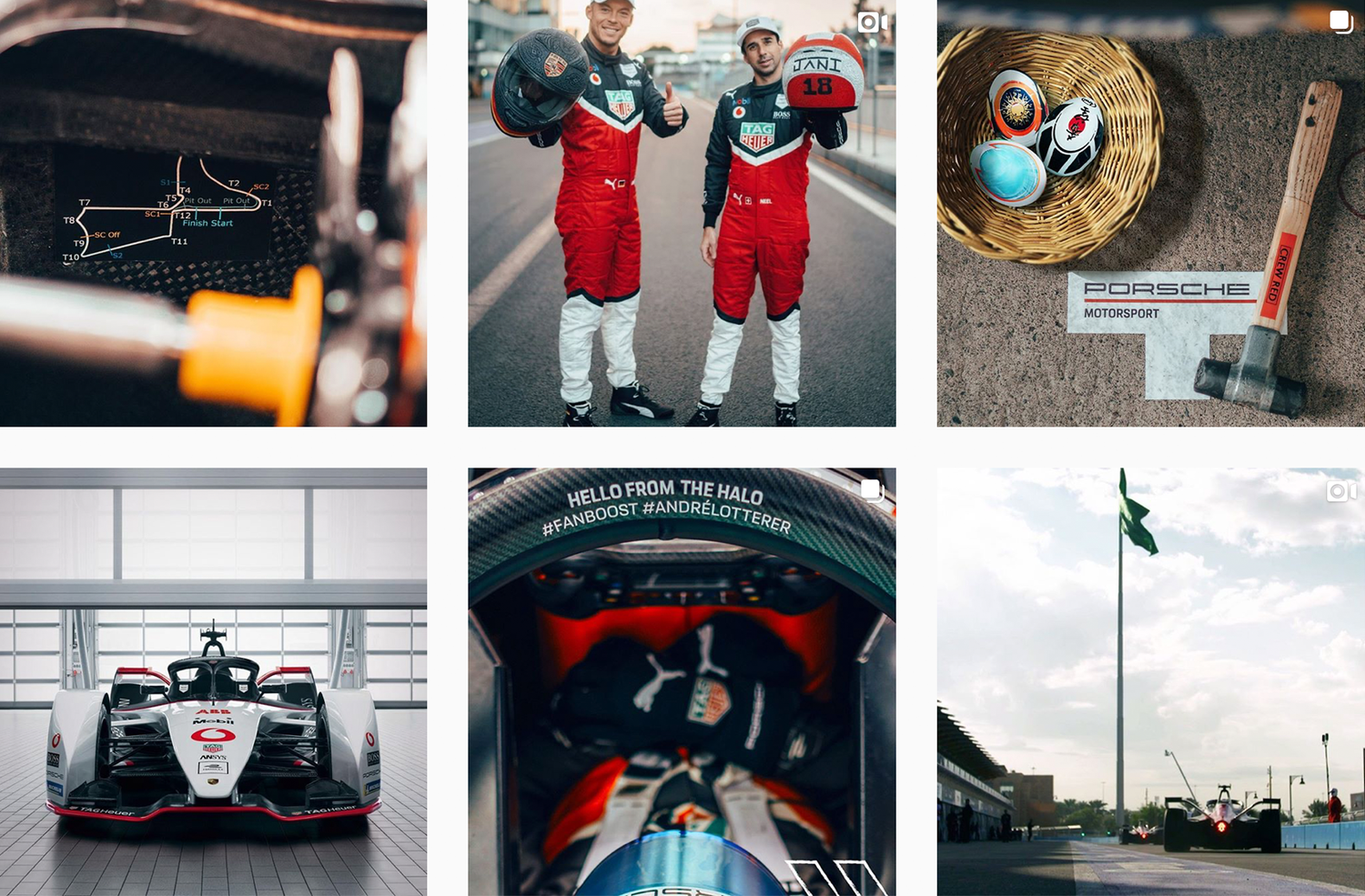 Grid of TAG Heuer Porsche Instagram posts from the garage and the track