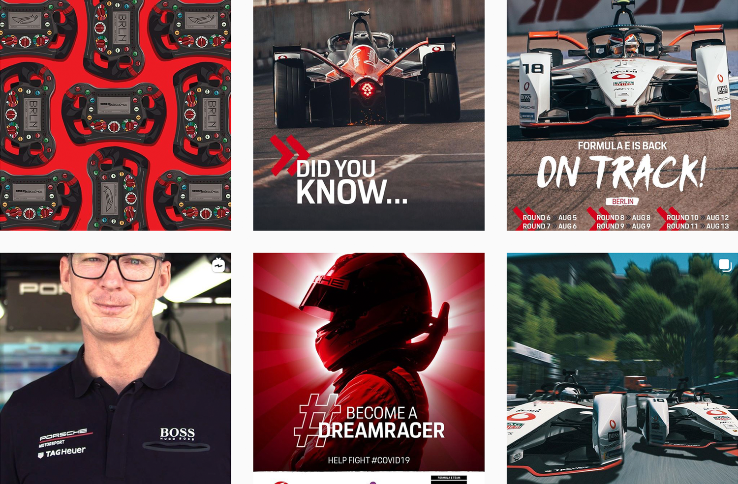 Grid of TAG Heuer Porsche Instagram posts: Did You Know, On Track, Become a Dream Racer