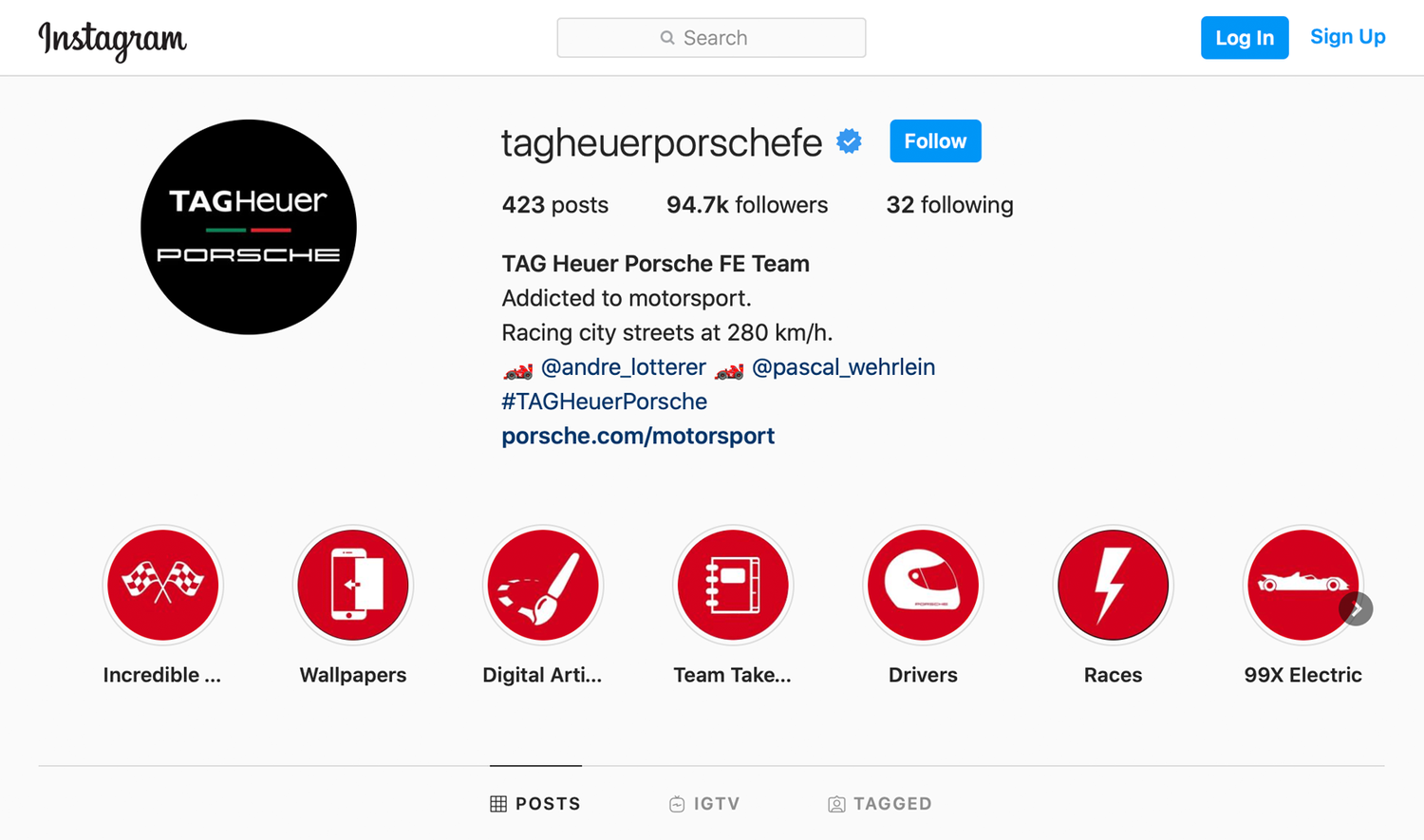 The TAG Heuer Porsche Formula E Instagram profile