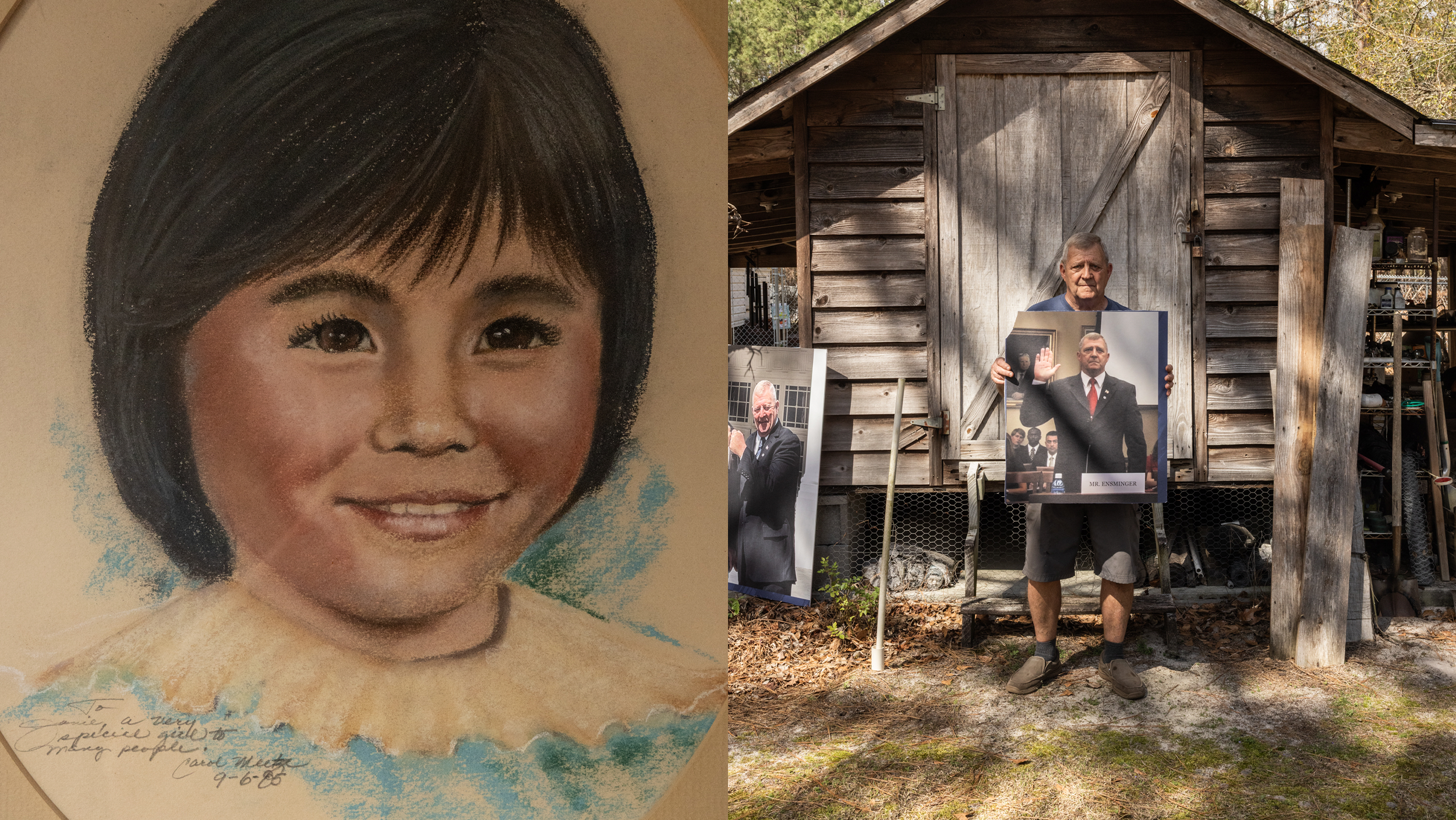 A painted portrait of a young girl, next to a man outside his workshop