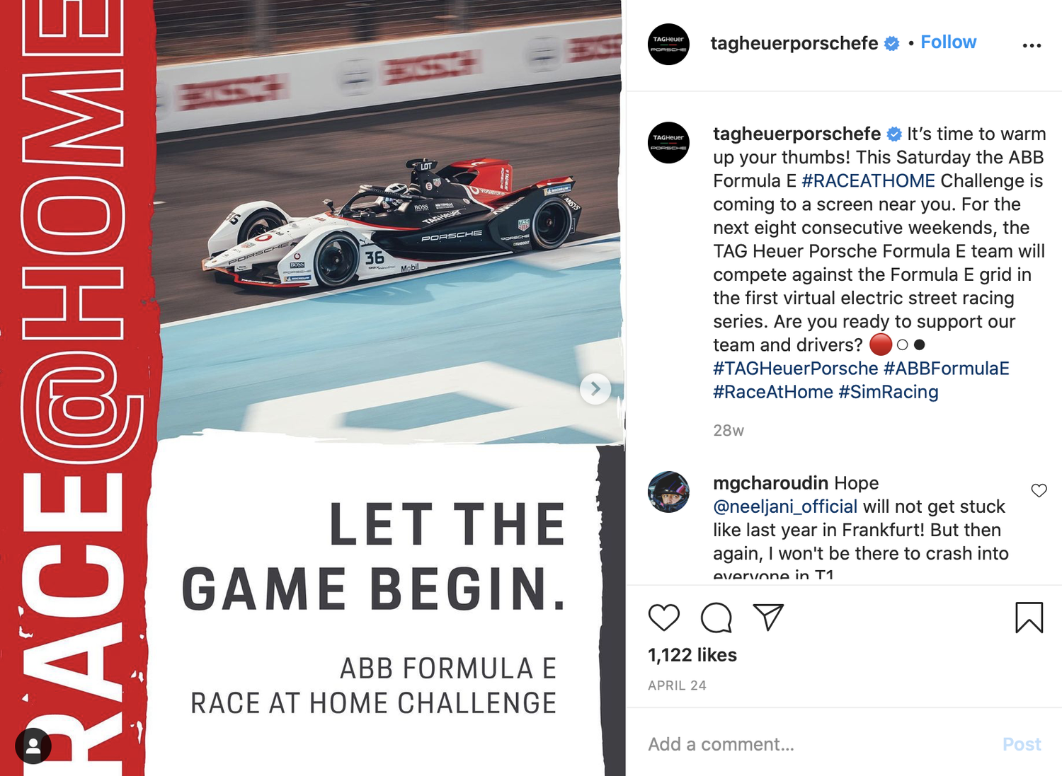 TAG Heuer Porsche Instagram post: Race at Home, Let the Game Begin
