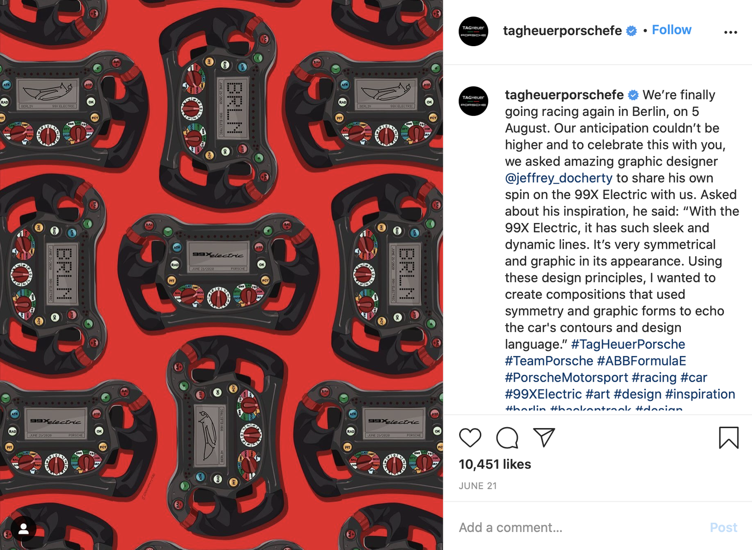 TAG Heuer Porsche Instagram post: a pattern of steering wheels on red