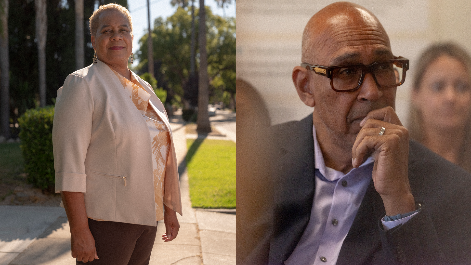 Portraits of a woman outdoors and a thoughtful man