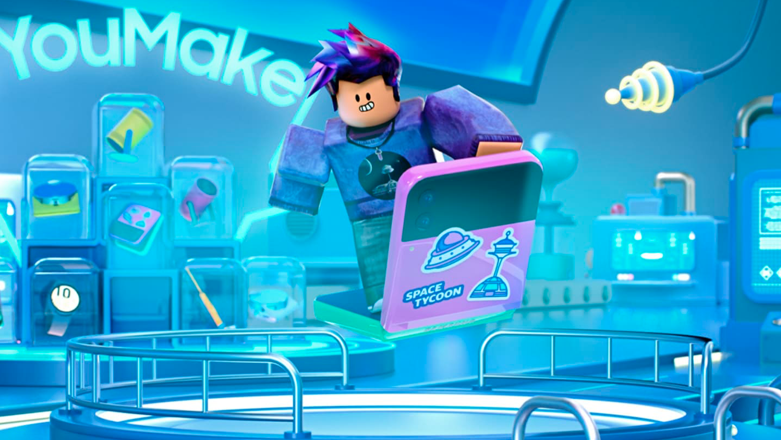 A Roblox character flying a Galaxy Z Flip hoverboard on the #YouMake stage