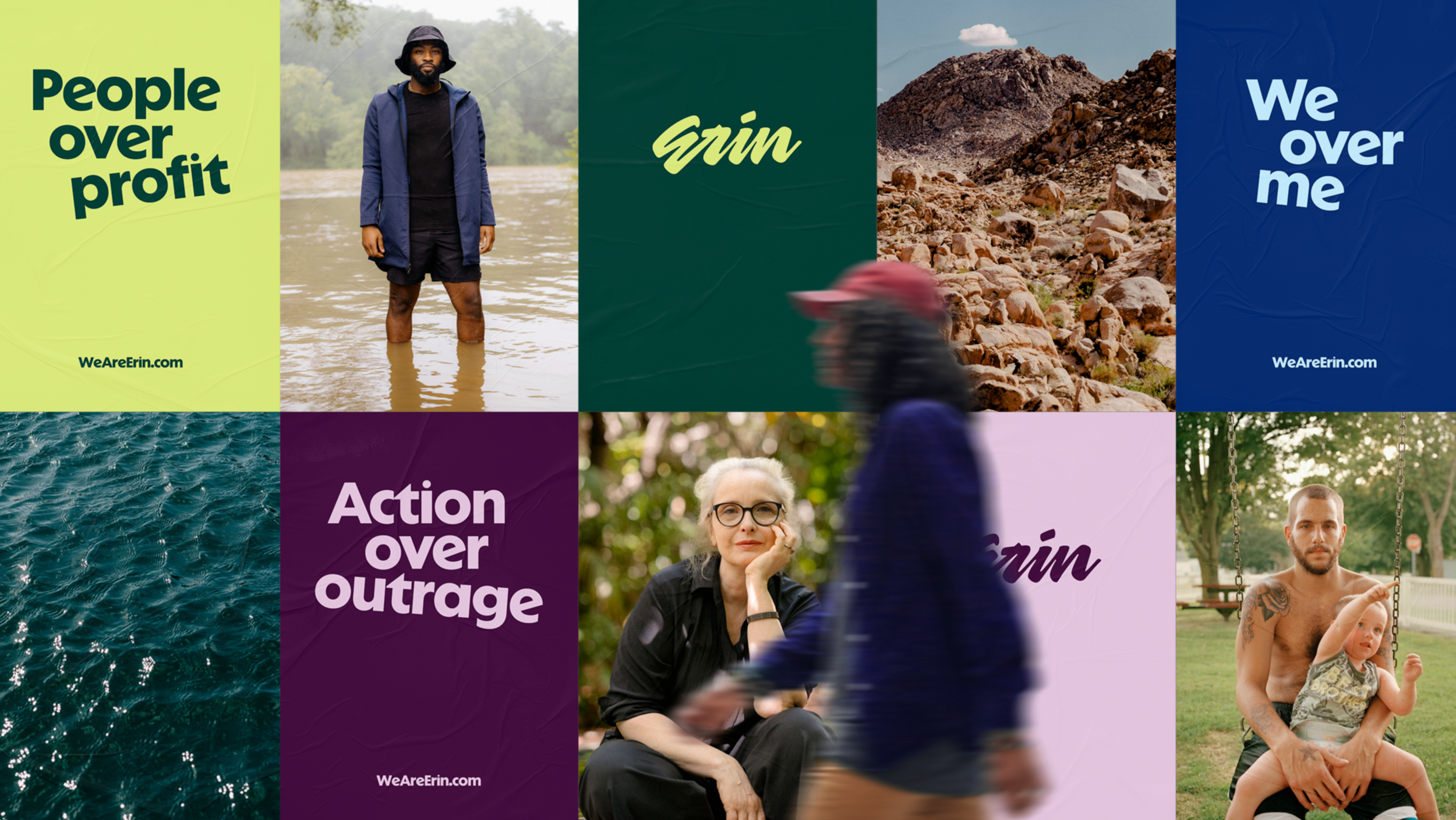 Grid of Erin brand posters: People over profit, We over me, Action over outrage