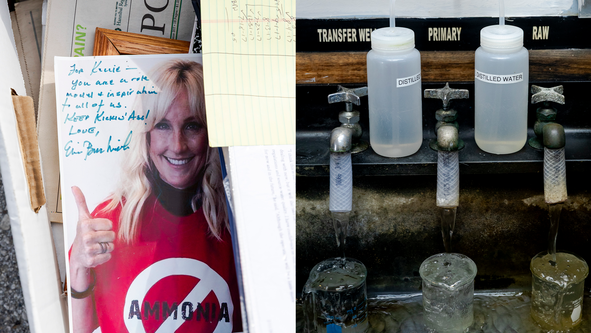 A signed photo of Erin Brockovich on a wall, next to water samples at the treatment plant
