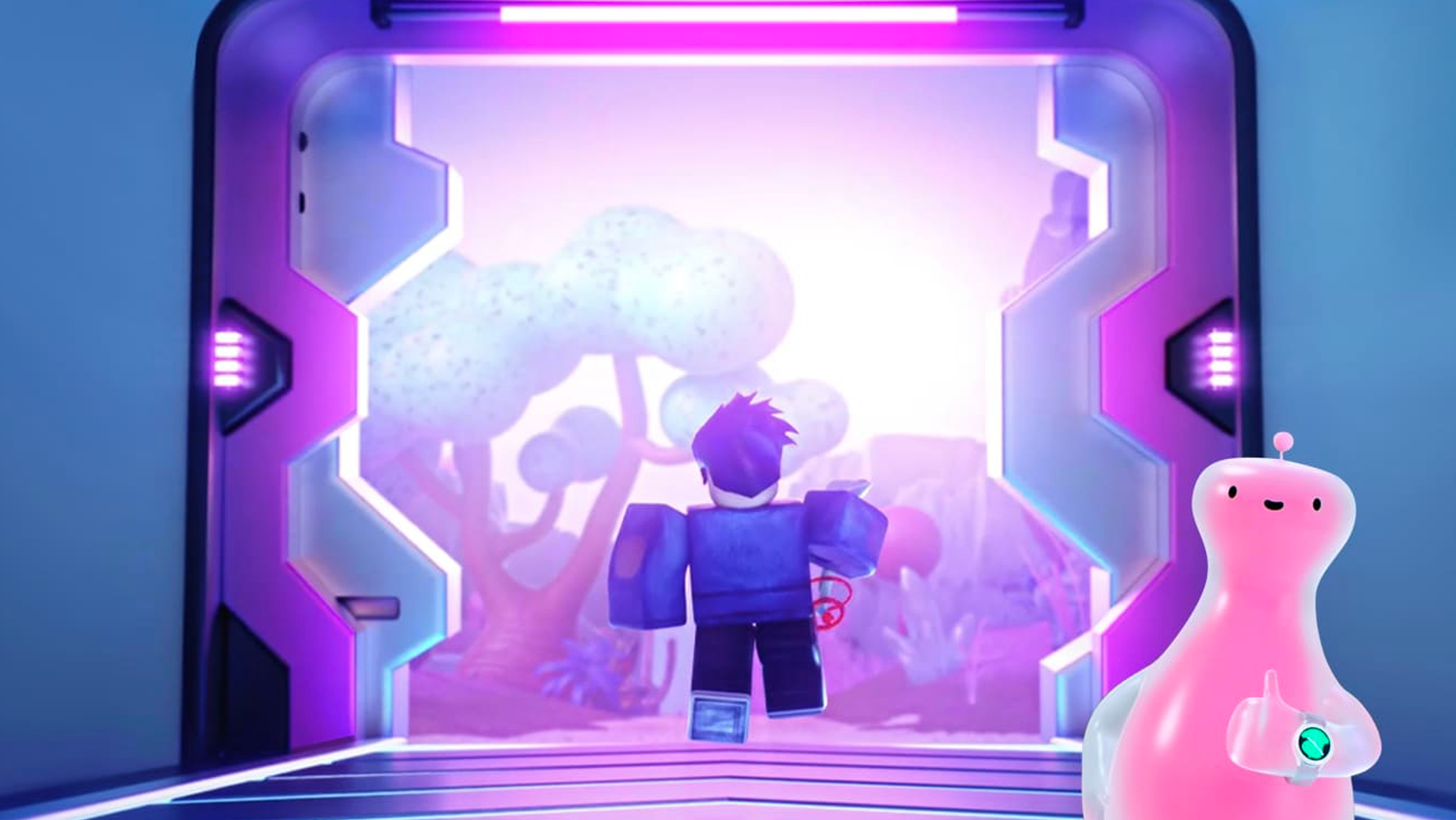 A Roblox player stepping through a glowing portal in Space Tycoon