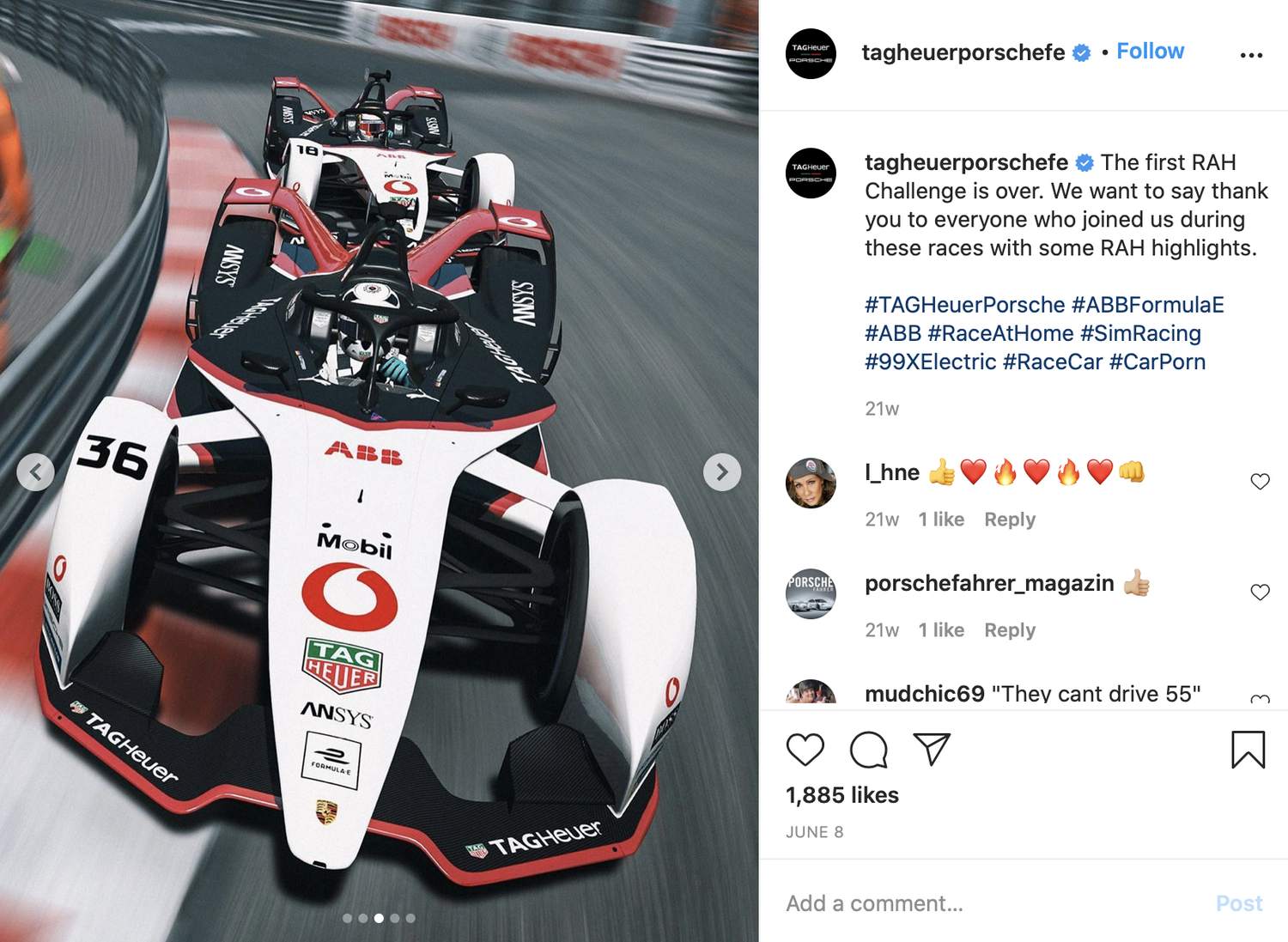 TAG Heuer Porsche Instagram post: the Porsche Formula E car on a virtual track
