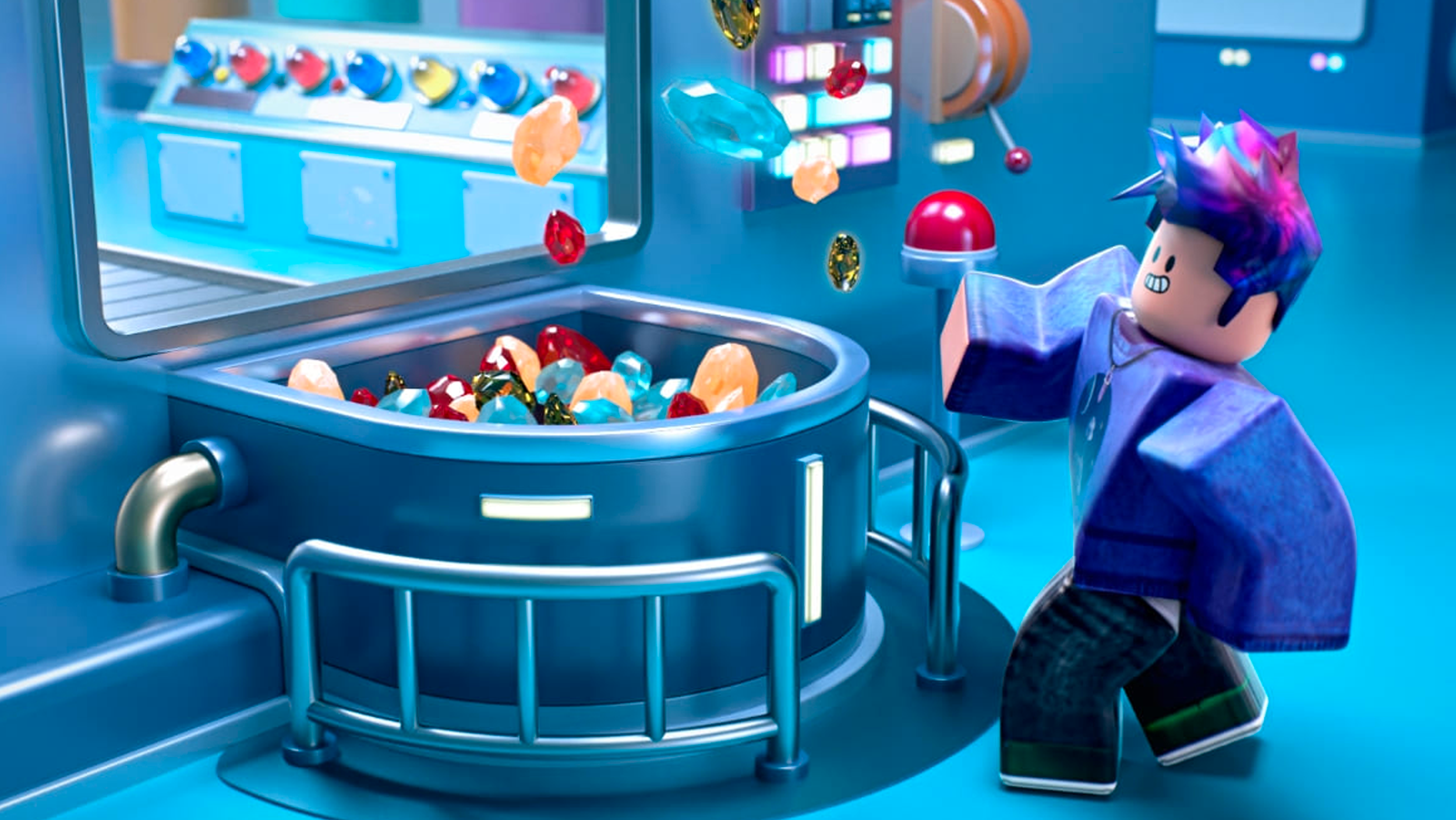 A Roblox character at the Lab machine turning resources into Samsung products