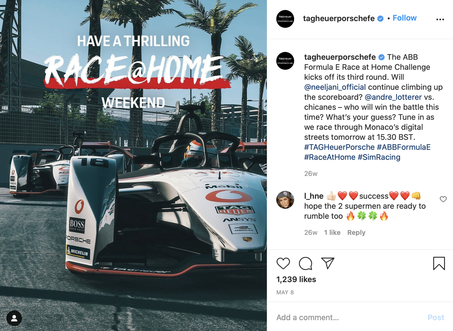 TAG Heuer Porsche Instagram post: Have a thrilling Race at Home weekend