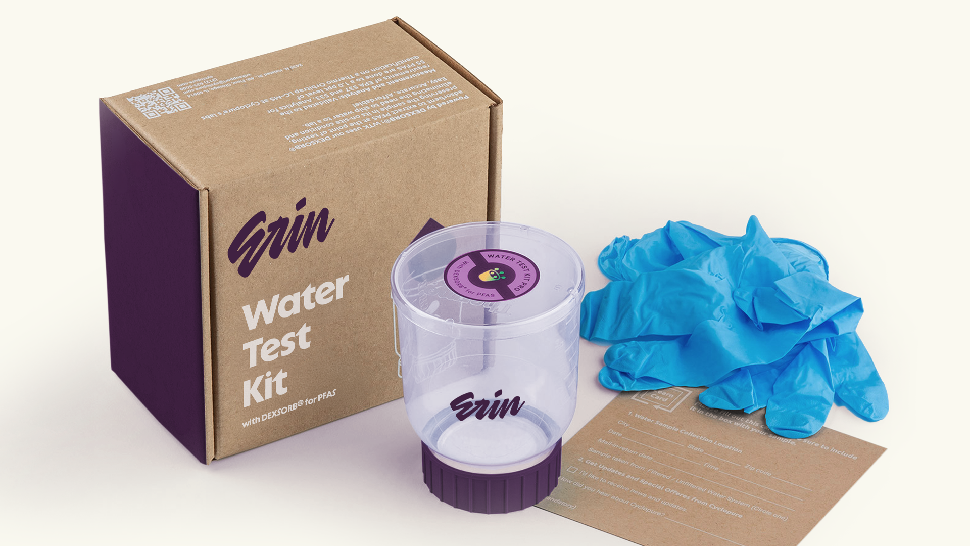 Erin water test kit with its box, sample jar and gloves