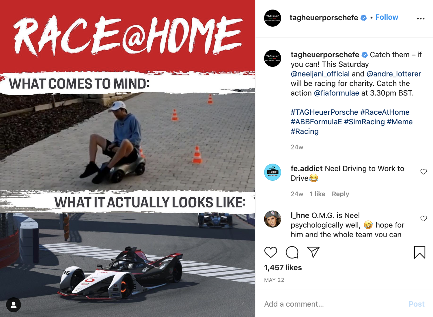 TAG Heuer Porsche Instagram post: Race at Home, what comes to mind versus what it actually looks like