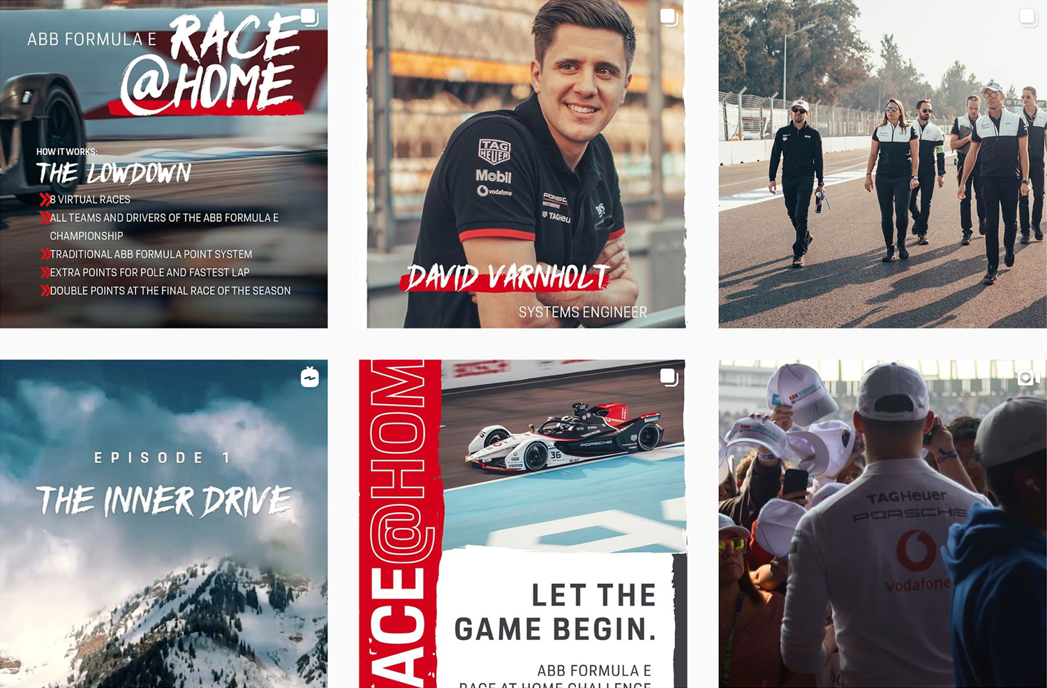 Grid of TAG Heuer Porsche Instagram posts: Race at Home, The Inner Drive, Let the Game Begin