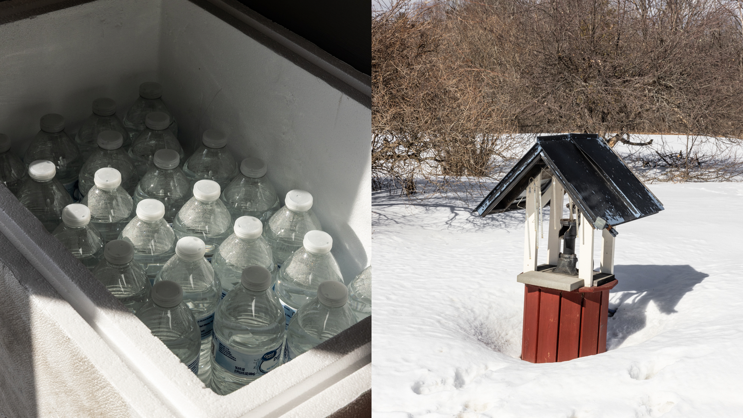 Cases of bottled water, next to the farm's well in the snow