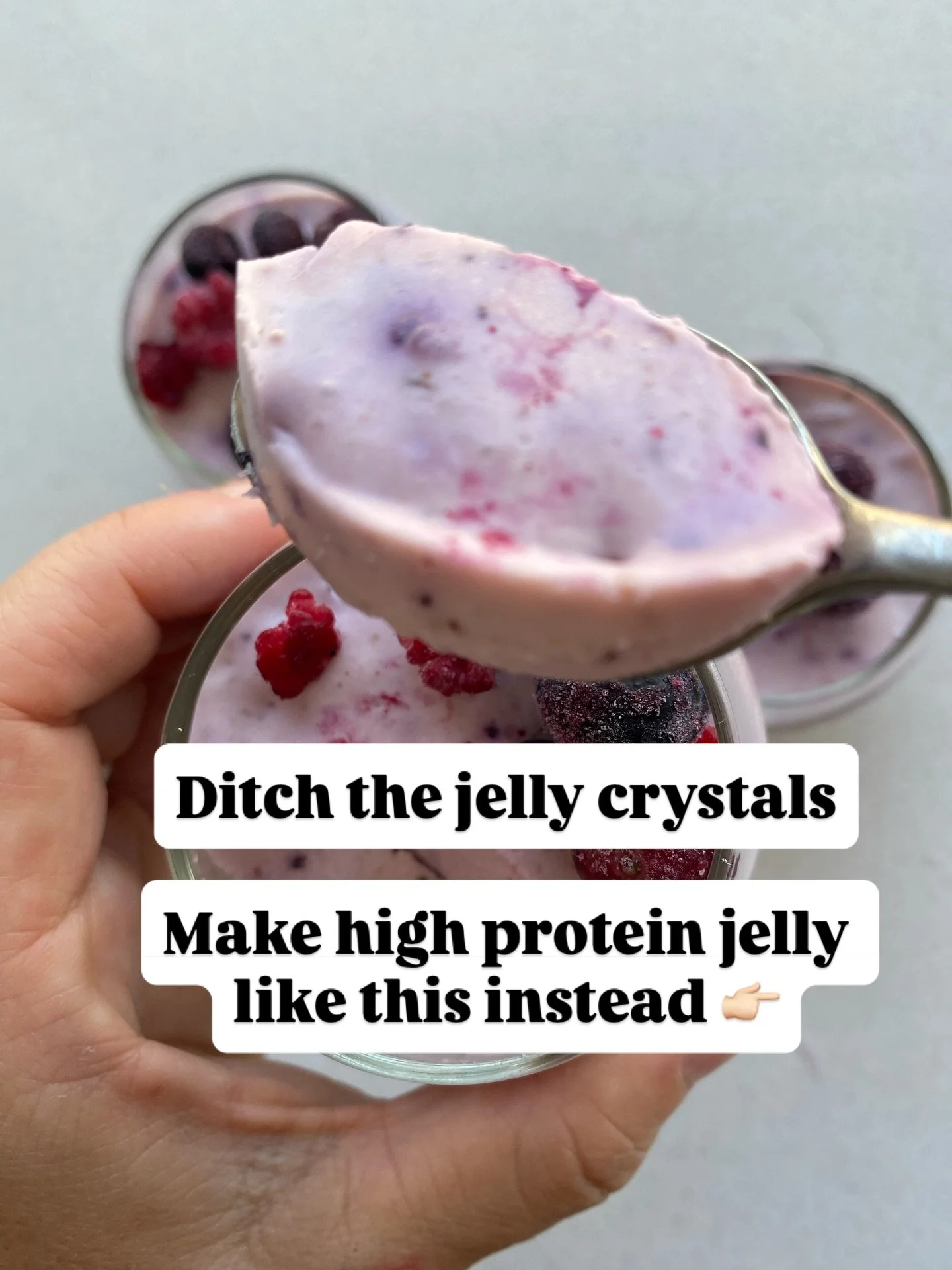 Have you seen the viral high-protein yoghurt jelly? I love the idea but couldn&rsquo;t get past the jelly crystals 🙈

So I made it with real berries + gelatin instead. 
No artificial colours. No artificial flavours. 
Just creamy yoghurt, berries, co