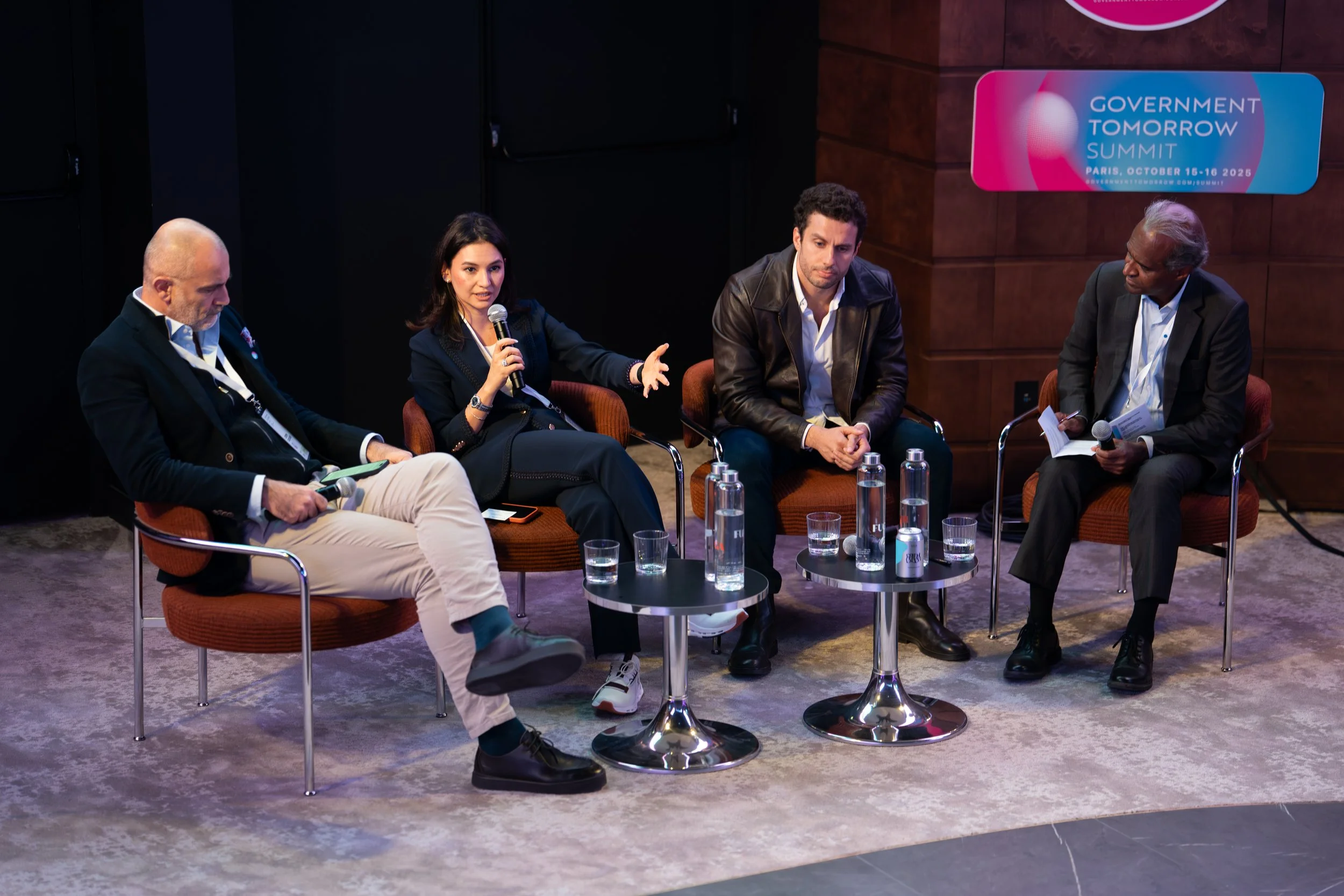 Joseph Cuschieri, the CEO of Project Green, Nozima Davletova from the presidential administration of Uzbekistan, Leonardo Quattrucci, and William Emmanuel from Bastille Magazine at the Government Tomorrow Summit in Paris