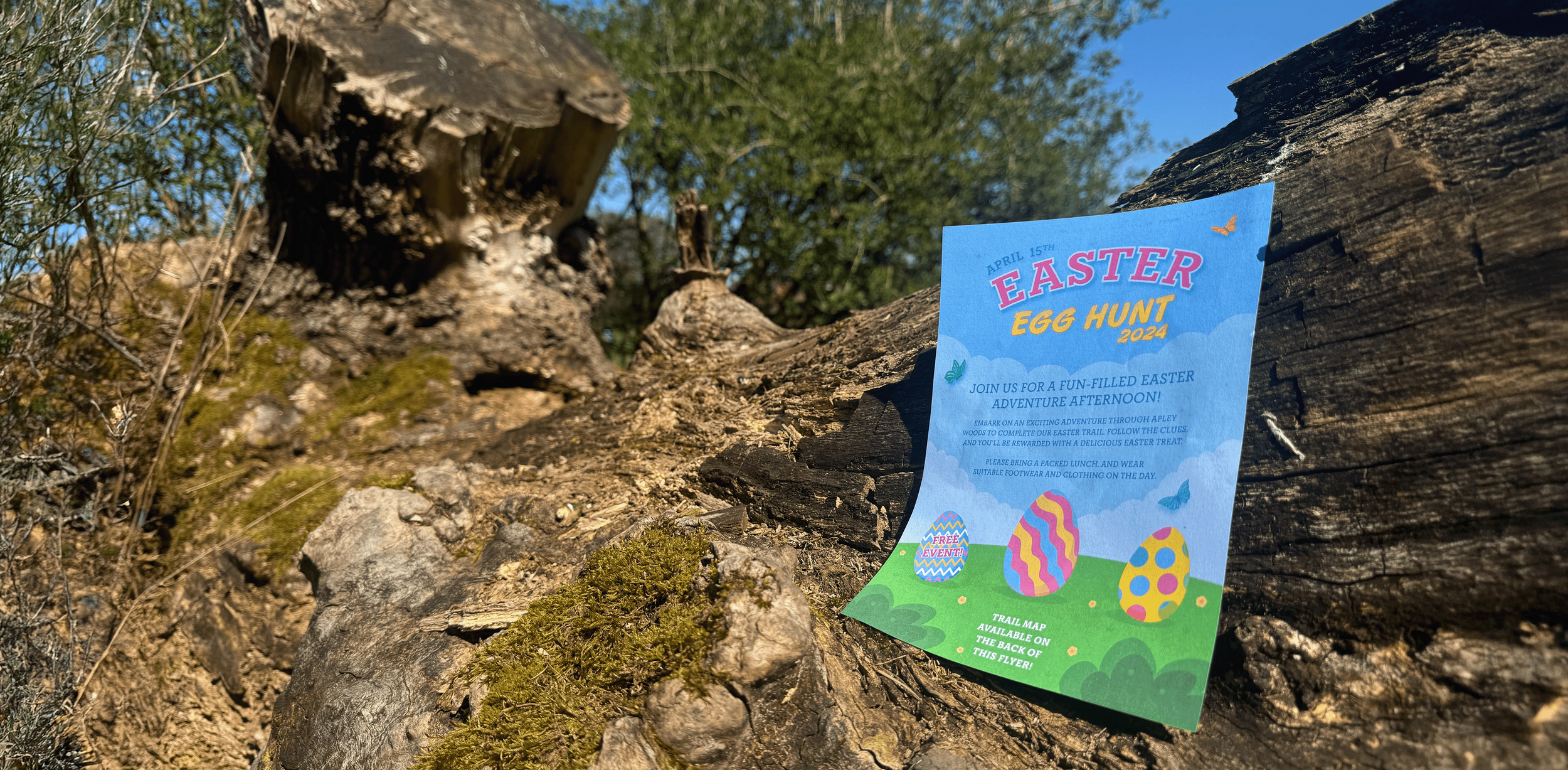 Easter Egg Hunt 2024 Flyer placed on a tree in woods