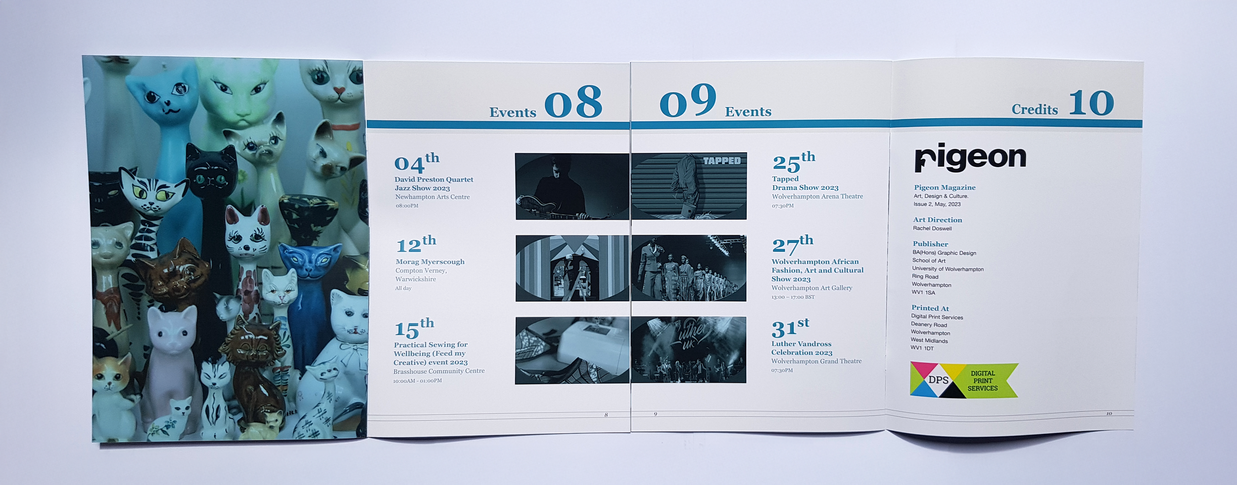 Open spreads of pages 7,8,9 and 10 of Pigeon Magazine May Issue 2, 2023.