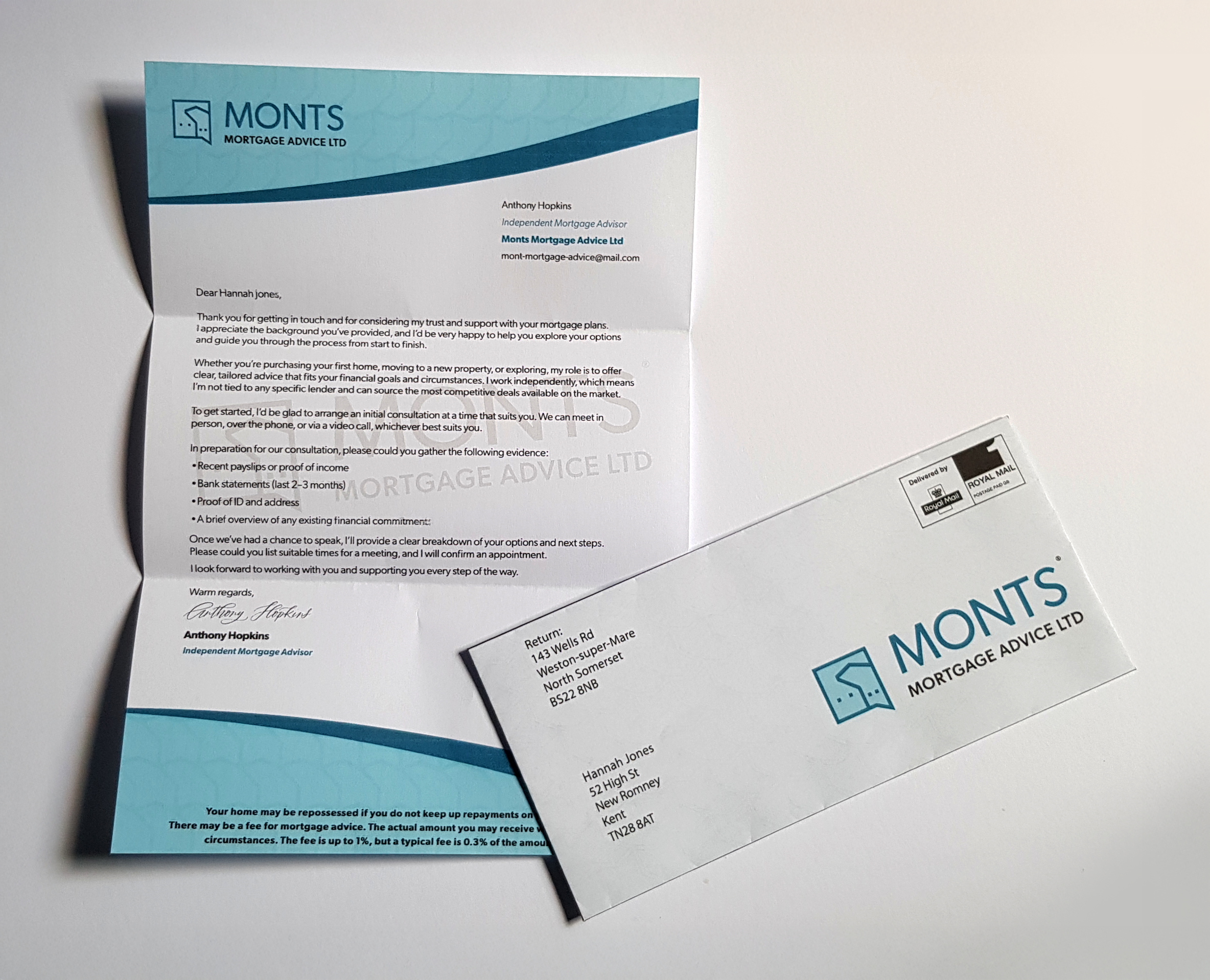 Monts Mortgage Advice Ltd Stationery Envelope and Letter Close up