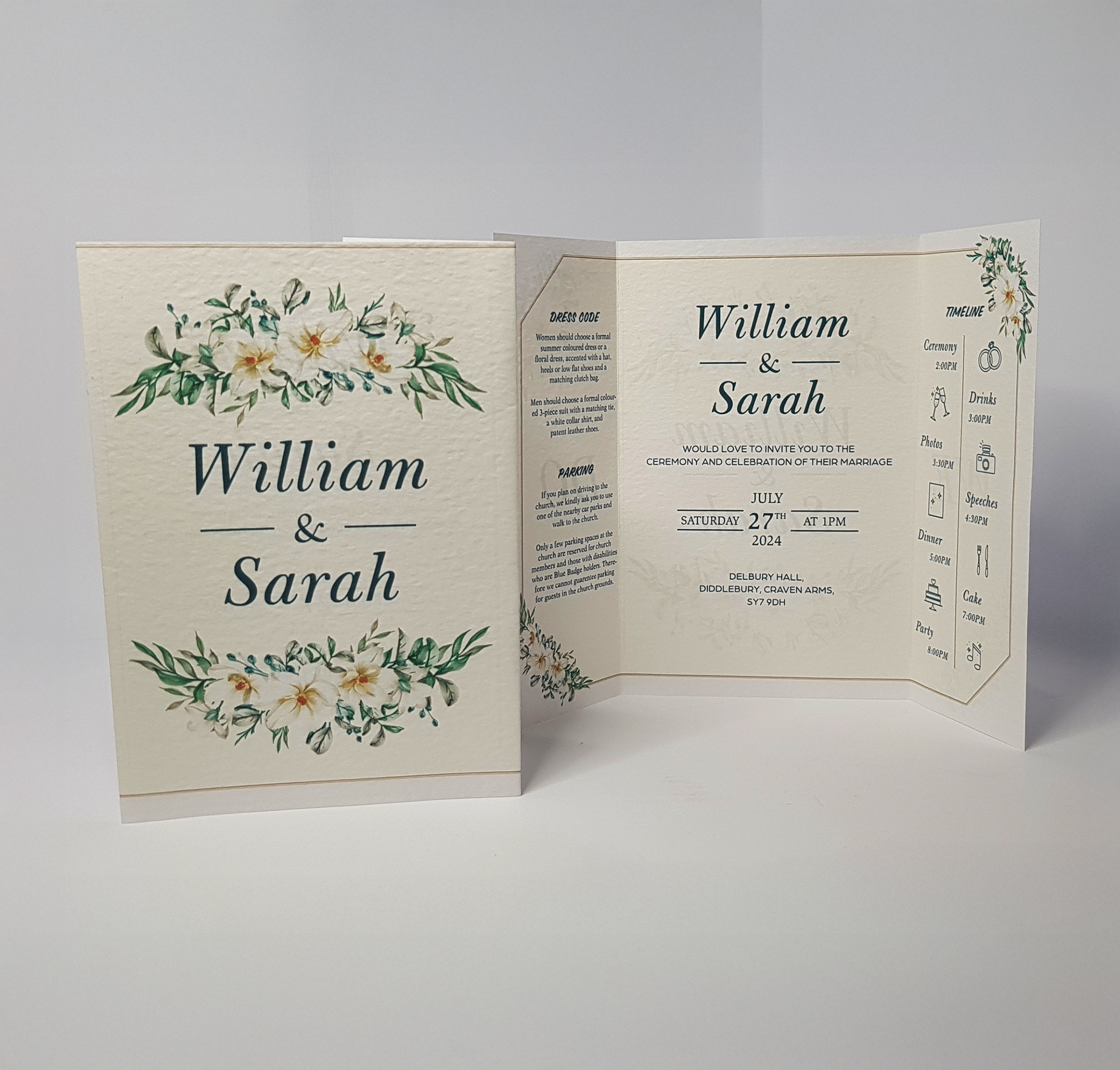 W&S Wedding Stationery A4 gatefold invitation front and inside view
