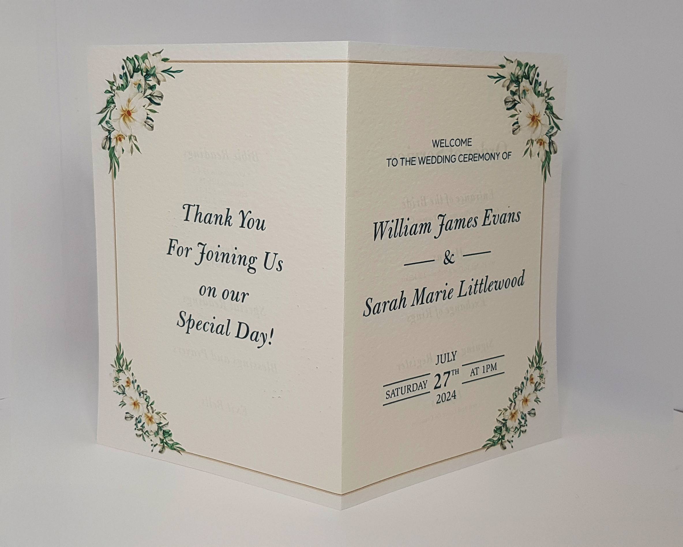 W&S Wedding Stationery order of service booklets back view