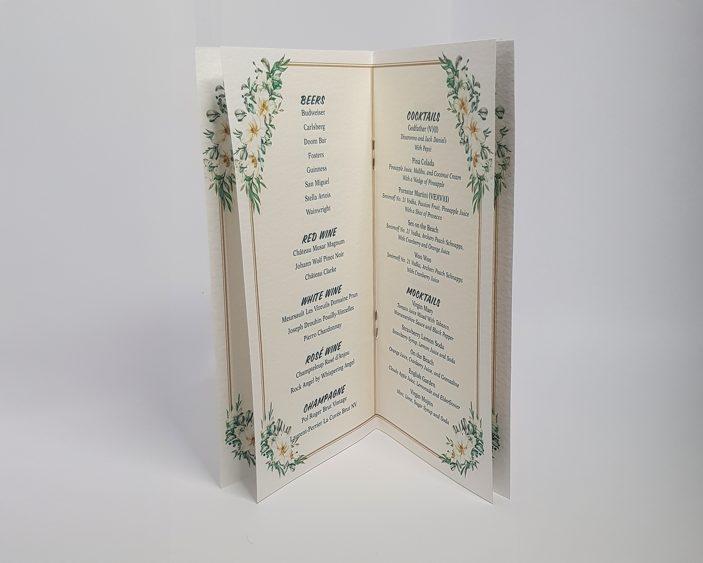 W&S Wedding Stationery 4 x 8 inch drinks menu open