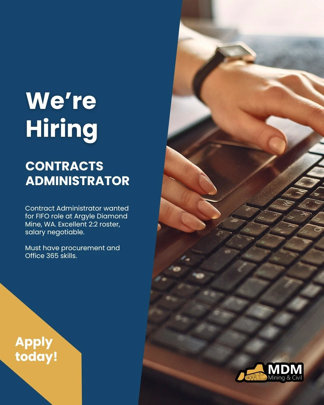 🚨 Job Alert: Contract Administrator,  Argyle Diamond Mine WA
 
Looking for a challenging FIFO role on a great 2:2 roster? mdm mining and civil is hiring a full-time Contract Administrator to join our remote team at the Argyle Diamond Mine!

Ready to