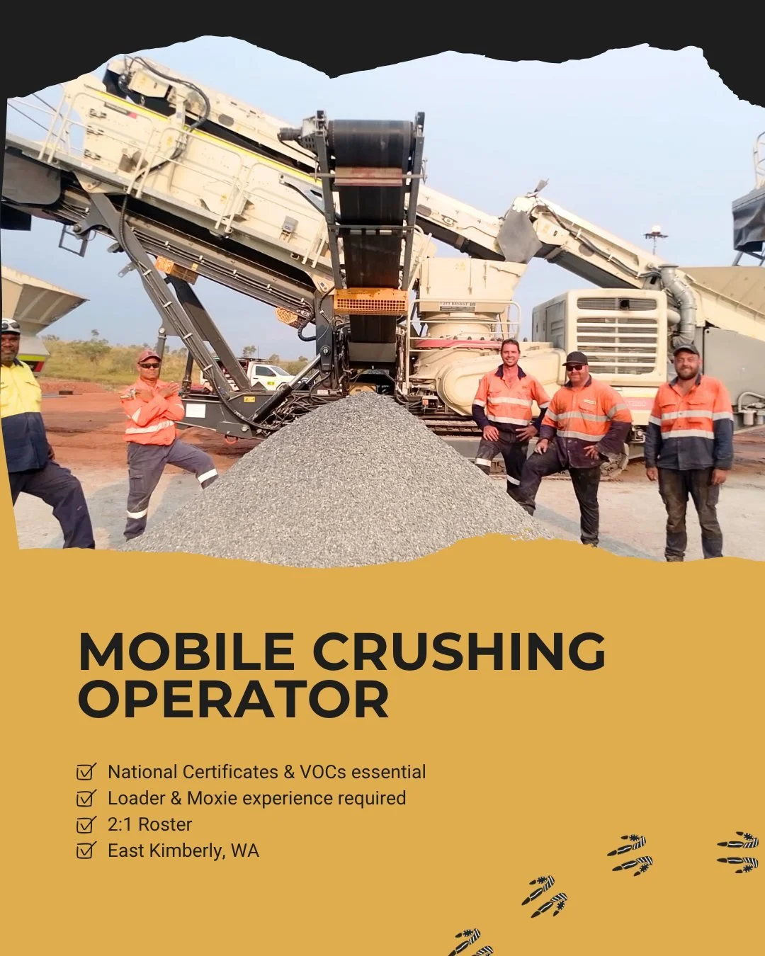 🚧 We&rsquo;re hiring - Crusher Operators! 🚧

Got experience on Metso mobile crushers? We&rsquo;ve got a spot for you on our East Kimberley project.
You&rsquo;ll be working with a brand-new fleet of 4 Metso Crushers and a Metso Screen, complete with