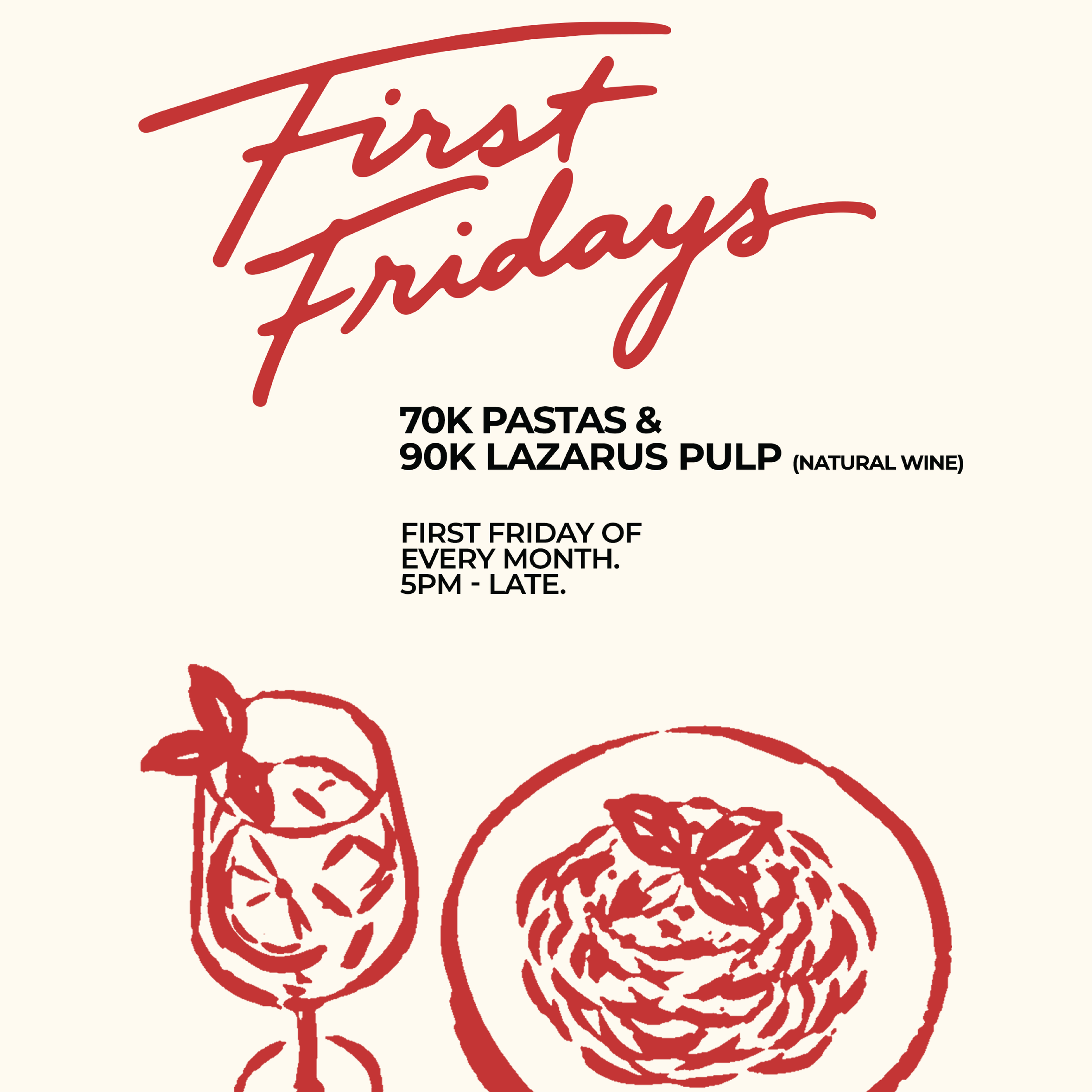 Event poster for First Fridays, presented by Palm Four, featuring DJ Night, with 70K pastas and 70K Limoncello Spritz every Friday from 6 PM at Jl. Pantai Seseh, Cemagi, Bali, Indonesia.