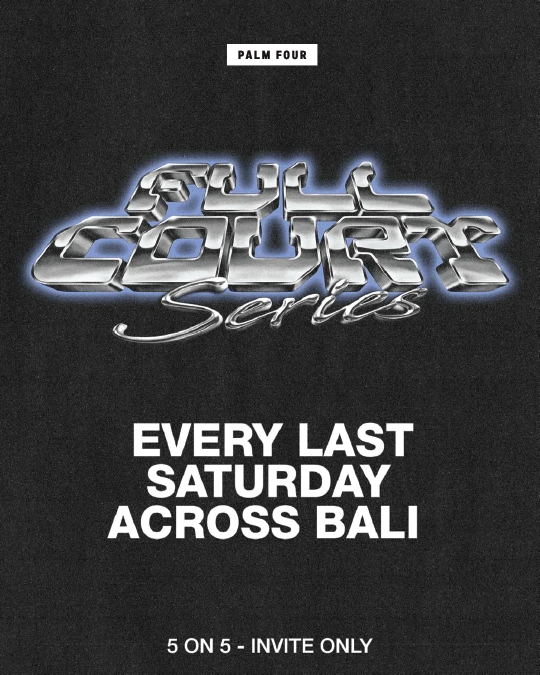 Black and white flyer for basketball events in Bali, Indonesia, featuring a blurred image of a person and text about HoopItUp! 5x5 Blacktop Basketball event on Tuesdays and Saturdays from 8 to 10 PM, hosted by Palm Four and VIE, with social media handle @hoopitup.basketball.