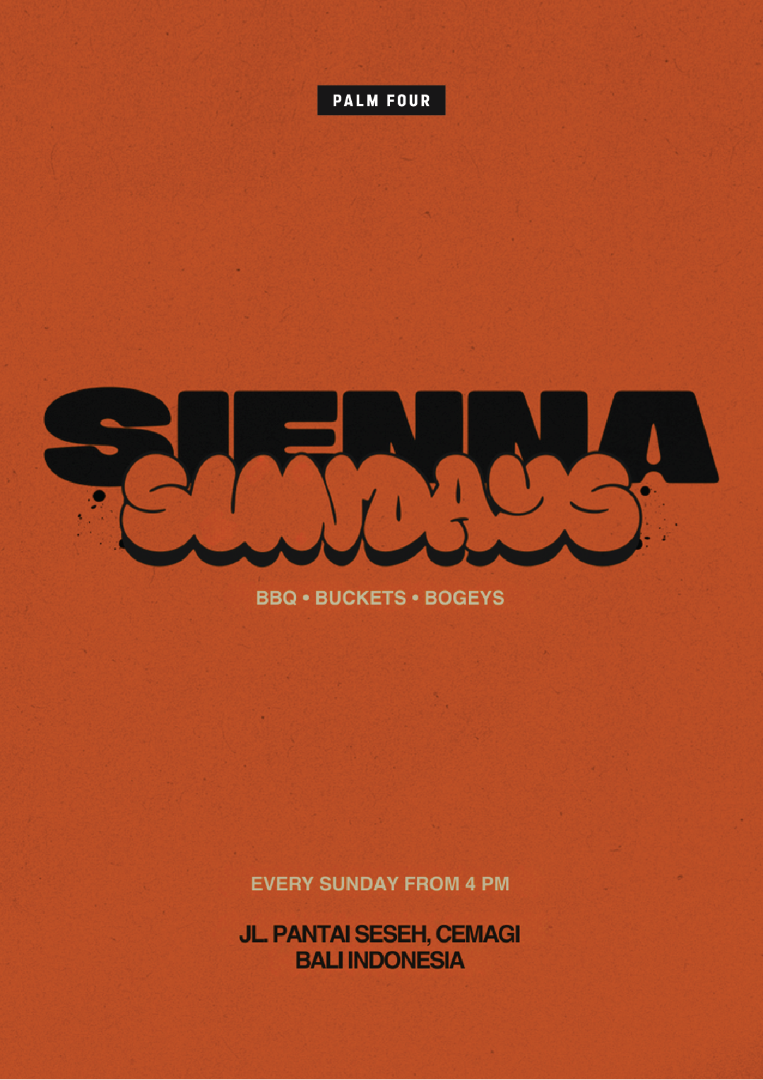 Event poster advertising 'Sienna Sundays' featuring BBQ, buckets, and bogeys every Sunday from 4 PM at JL Pantai Seseh, Cemagi, Bali, Indonesia.