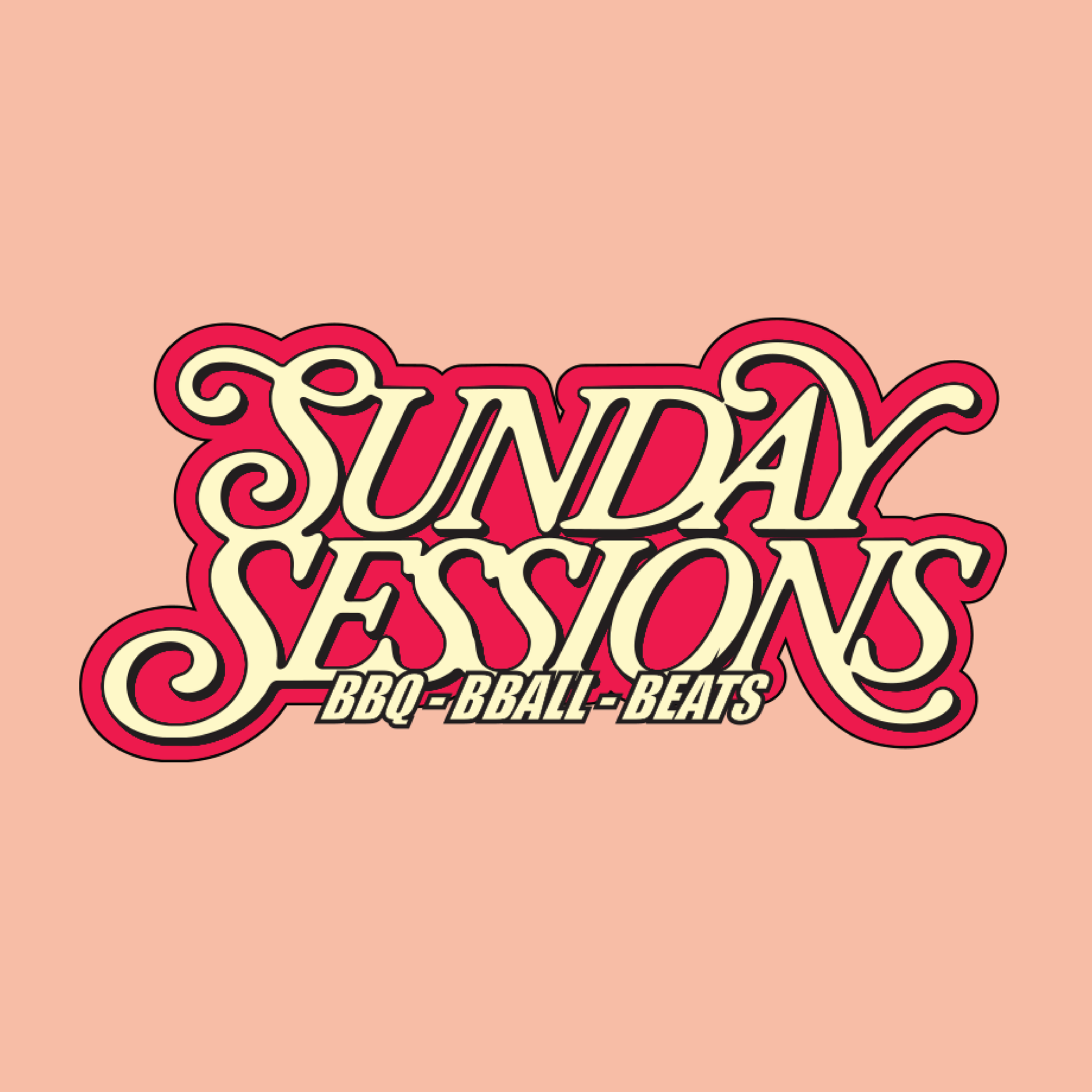 Event poster advertising 'Sunday Sessions' featuring BBQ, buckets, and bogeys every Sunday from 4 PM at JL Pantai Seseh, Cemagi, Bali, Indonesia.