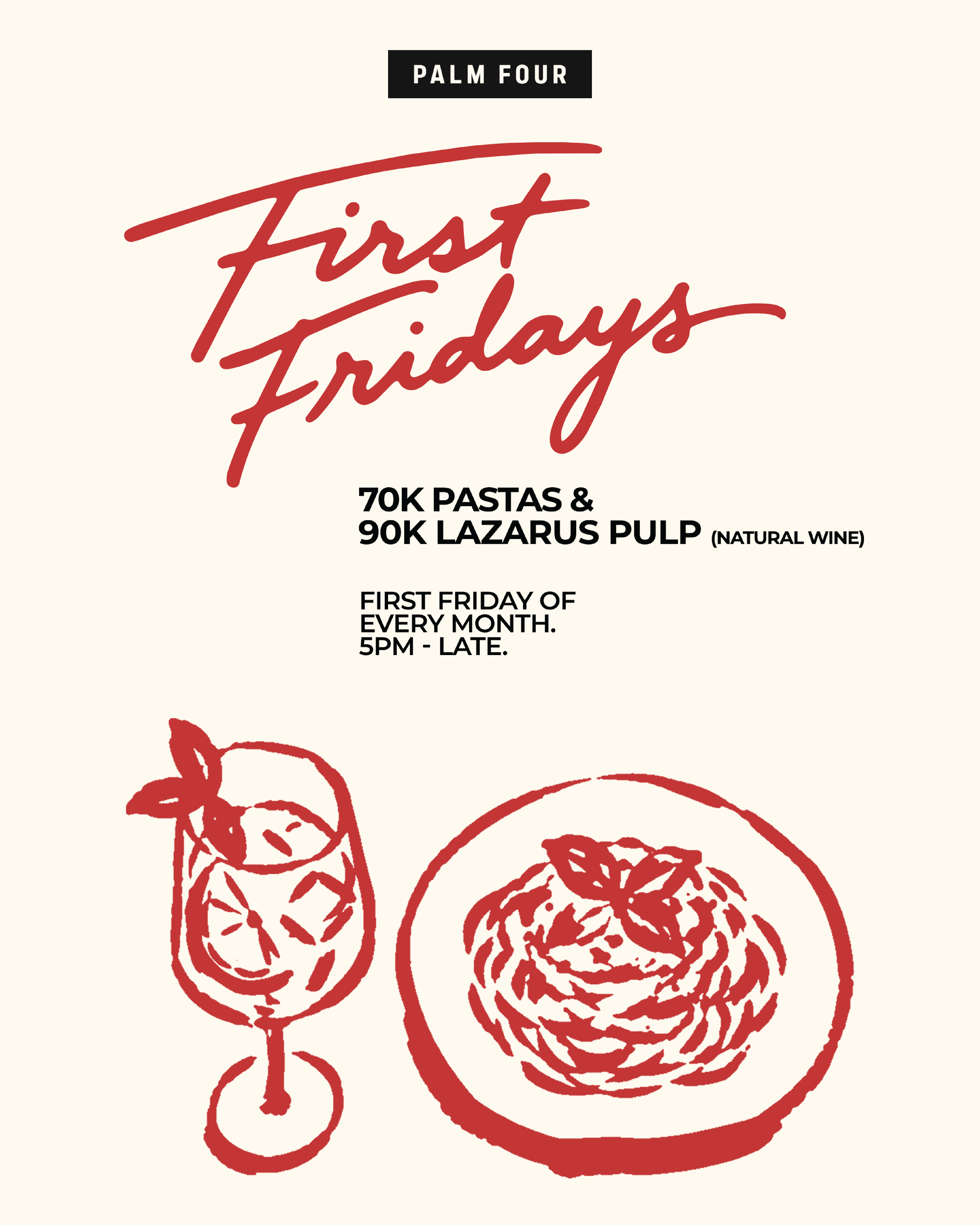 Event poster for First Fridays, presented by Palm Four, featuring DJ Night, with 70K pastas and 70K Limoncello Spritz every Friday from 6 PM at Jl. Pantai Seseh, Cemagi, Bali, Indonesia.
