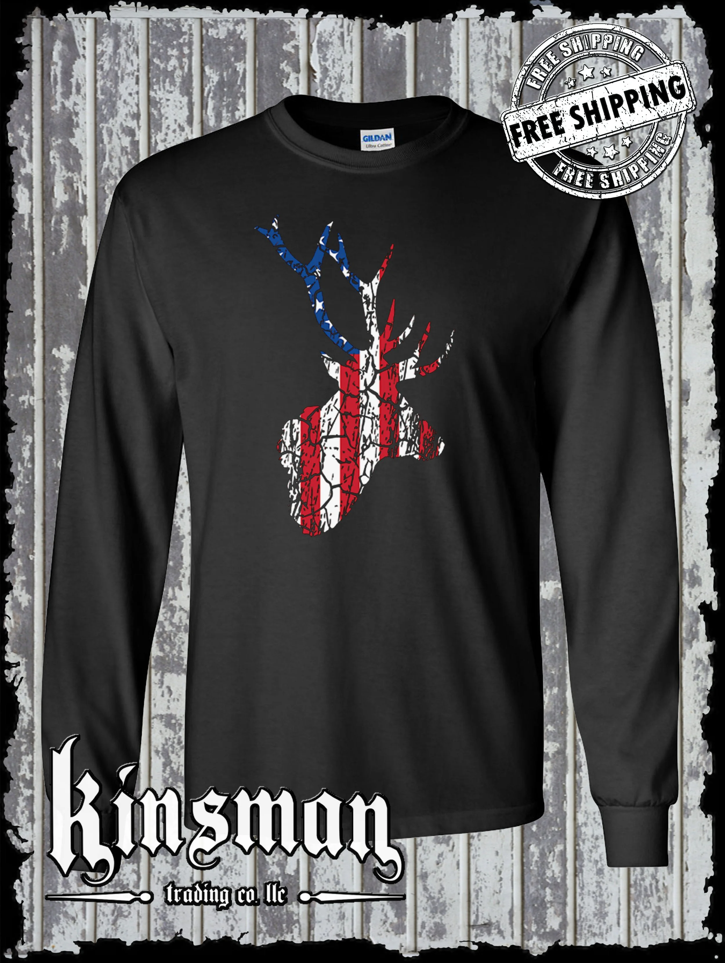 US Flag Deer Antlers Distressed Long Sleeve T-Shirt / Hunting American Flag USA