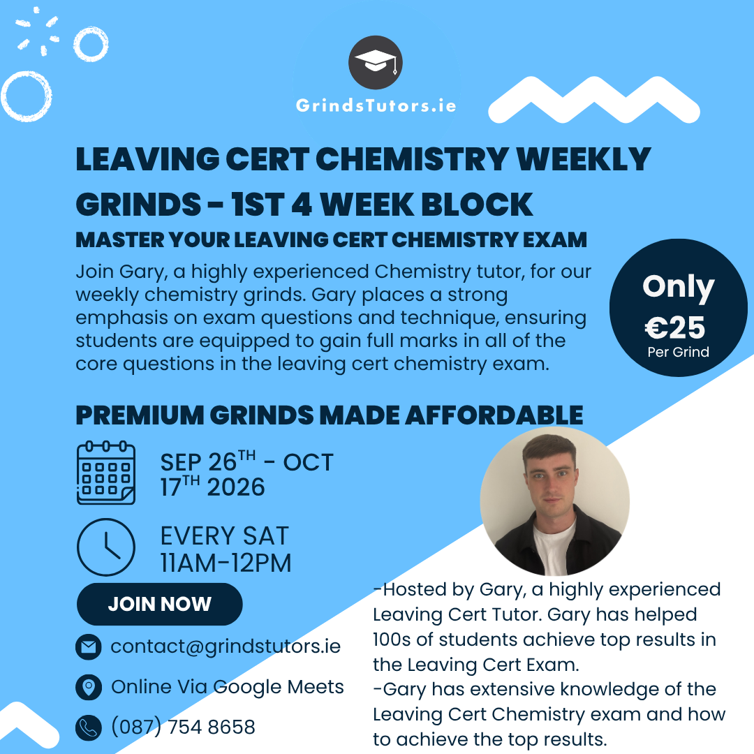 Leaving Cert Chemistry Weekly Grinds - 1st 4 Week Block (Sep 27th - Oct 17th)