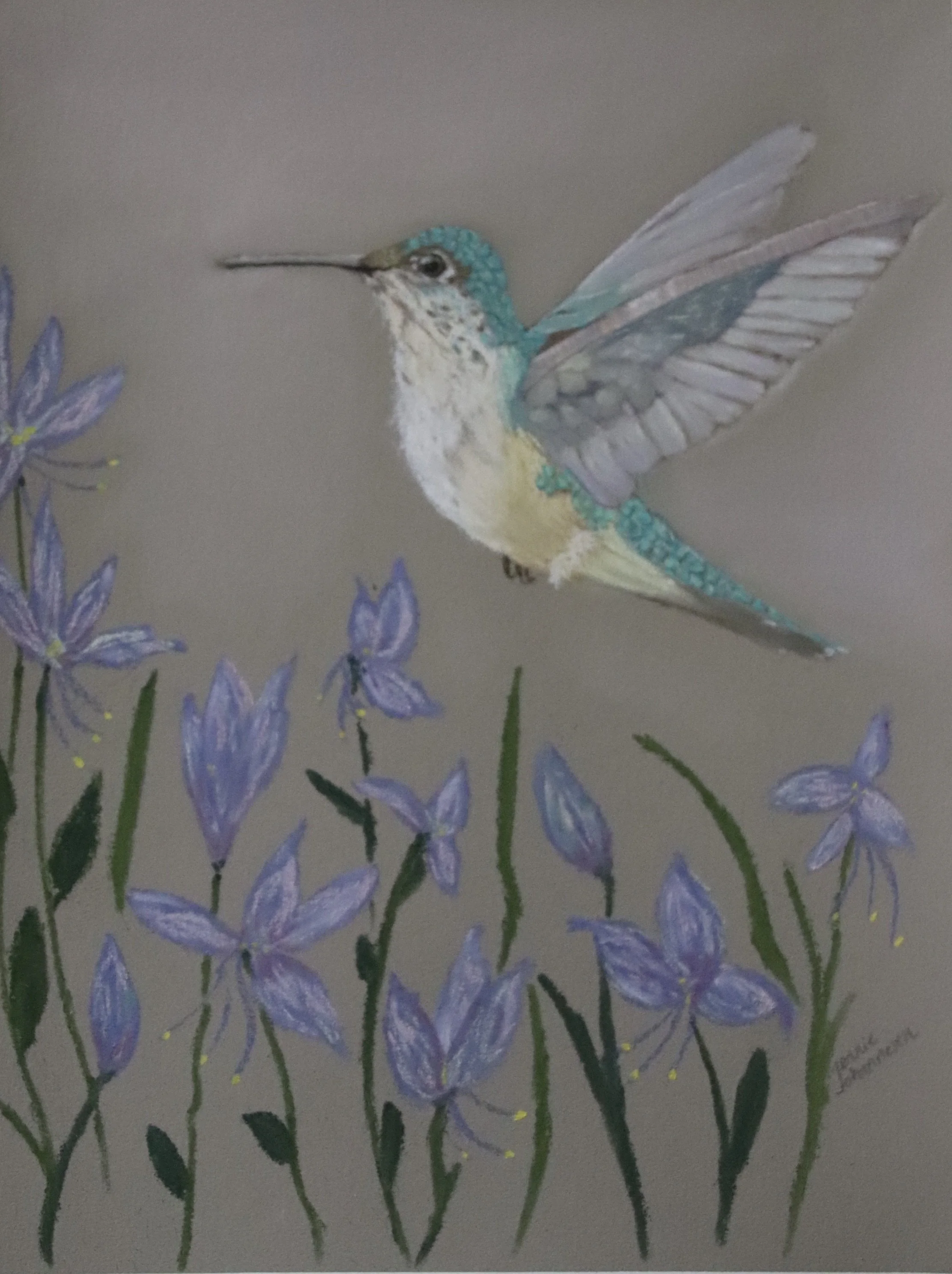 "Hummer in Turquoise" - 
Soft Pastel Painting - 
15" x 12" - 
Framed in silver with a white mat - 
Sold