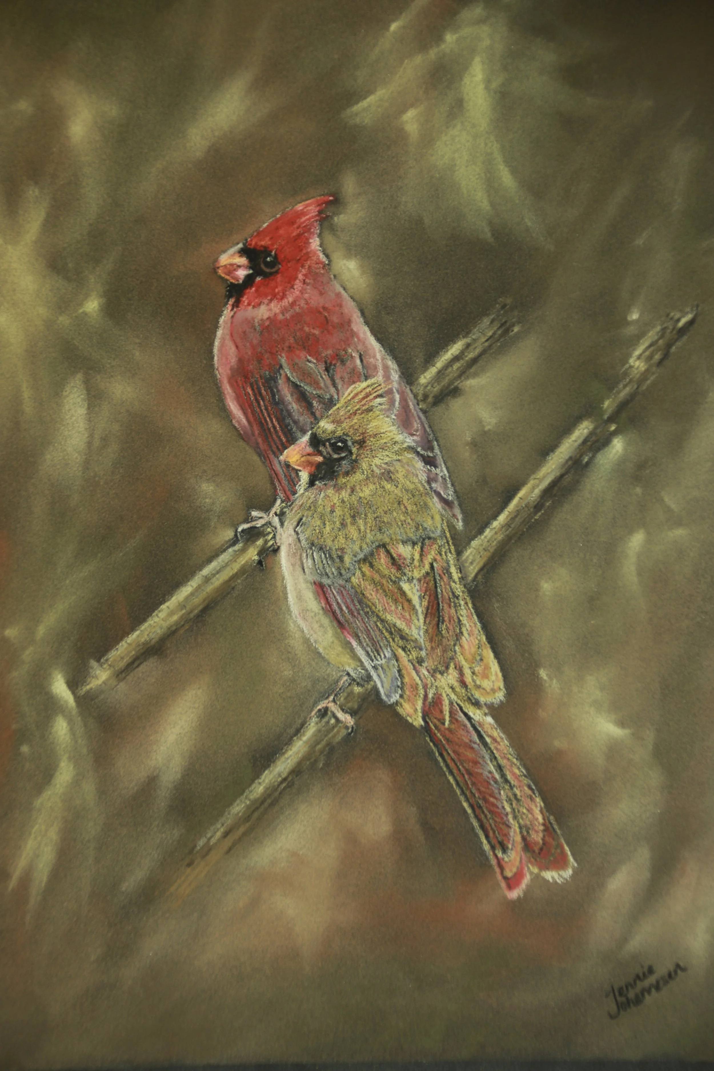 "Northern Cardinal Pair" - 
Soft Pastel Painting based on a photo by Dennis Cioffi - used with permission - 
15" x 12" - 
Framed in slender silver frame with a white mat - 
$350.00