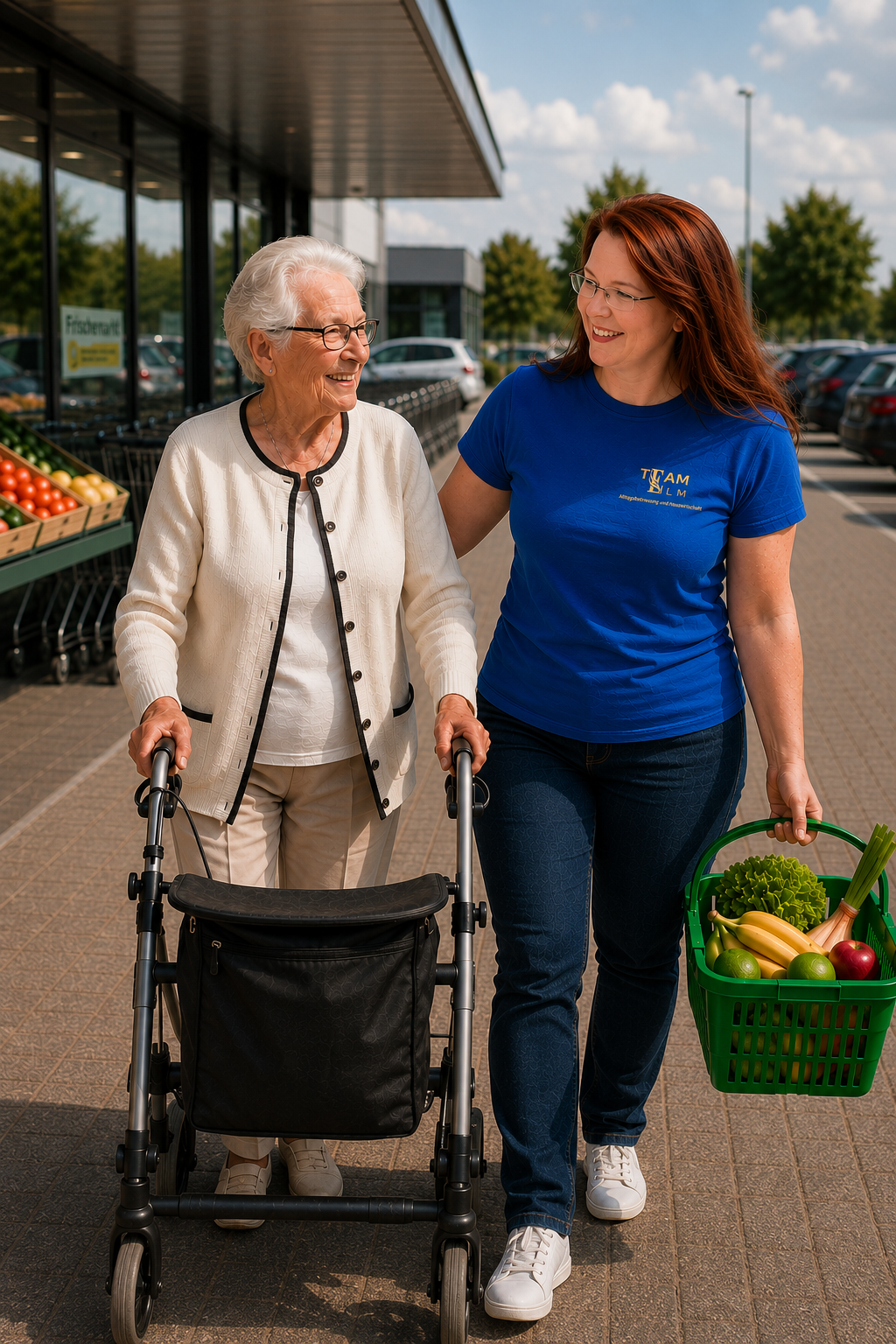 Denise begleitet eine Seniorin beim Einkaufen